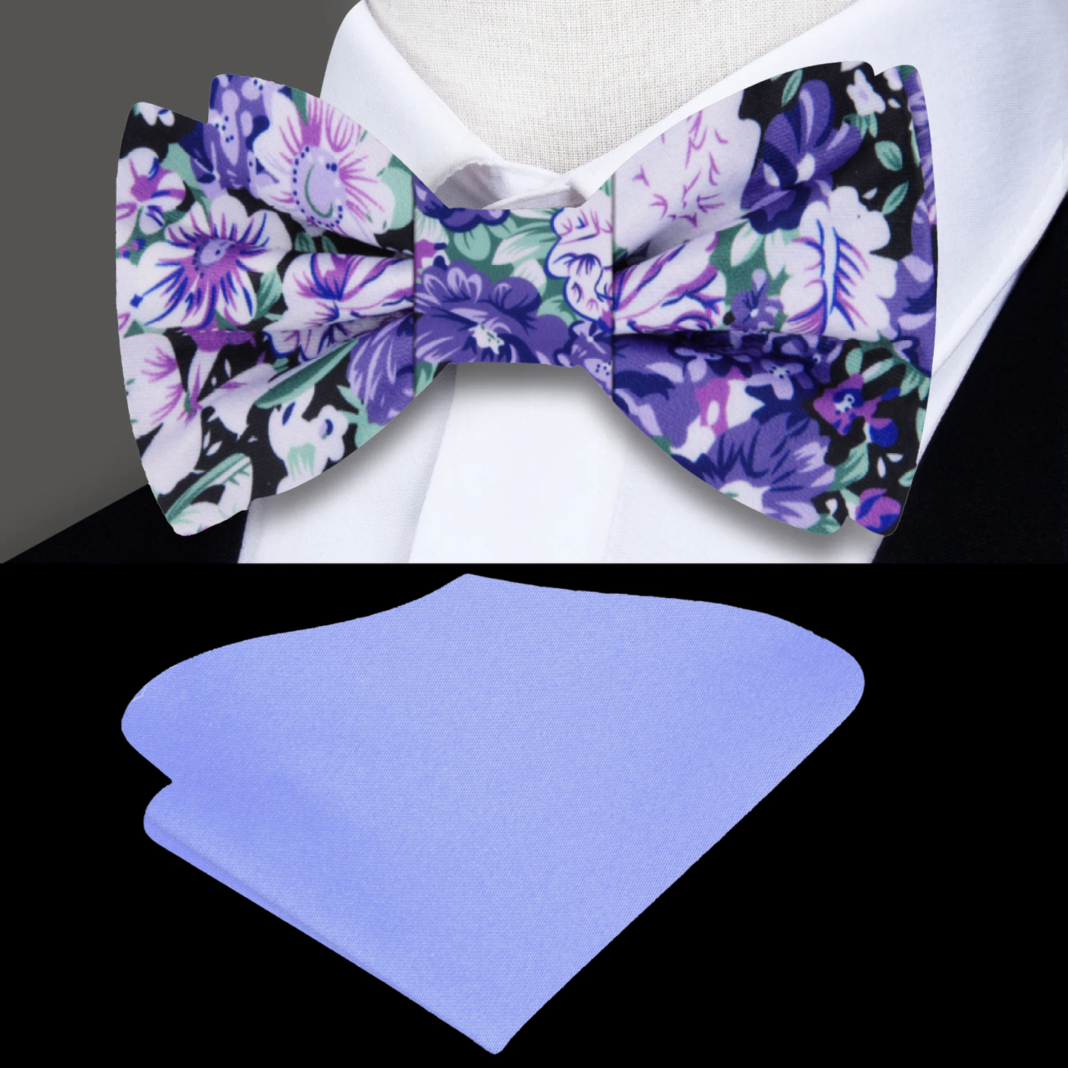 Purple, Green, White Floral Bow Tie And Purple Square