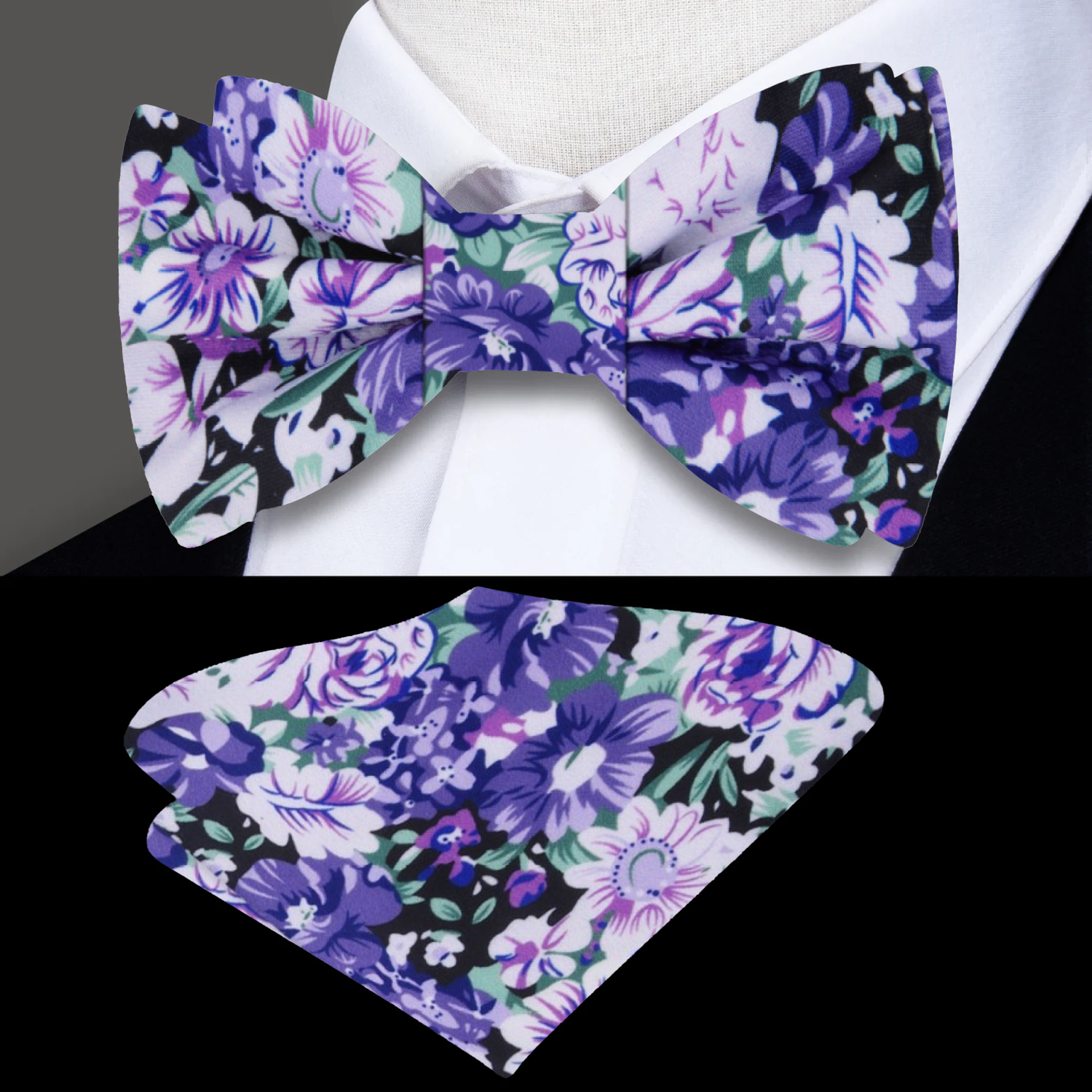 Purple, Green, White Floral Bow Tie And Matching Square