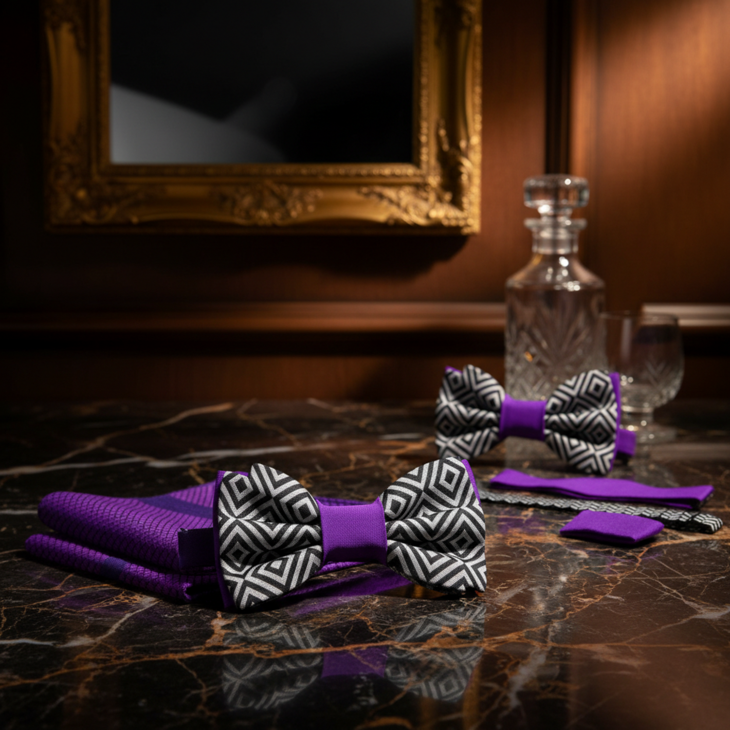 A set of purple and black-and-white patterned bow ties and matching striped neckties arranged on a dark marble table, with a purple cloth napkin and glassware in a warm, elegant interior setting.