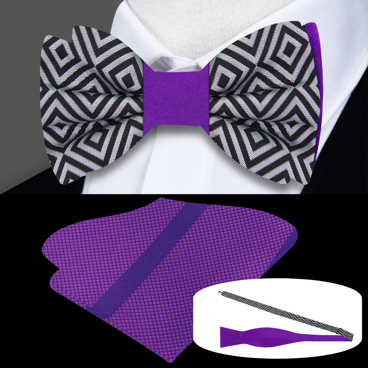 Purple Grey Black Double Sided Cover Two Bow Tie and Purple Stripe Square