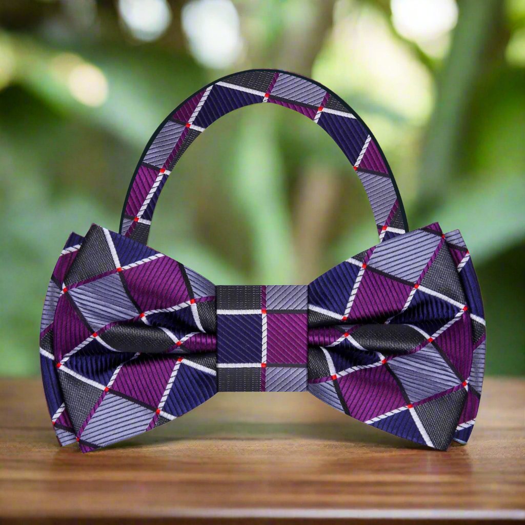 Pre Tied Purple, Grey, Blue Geometric Bow Tie