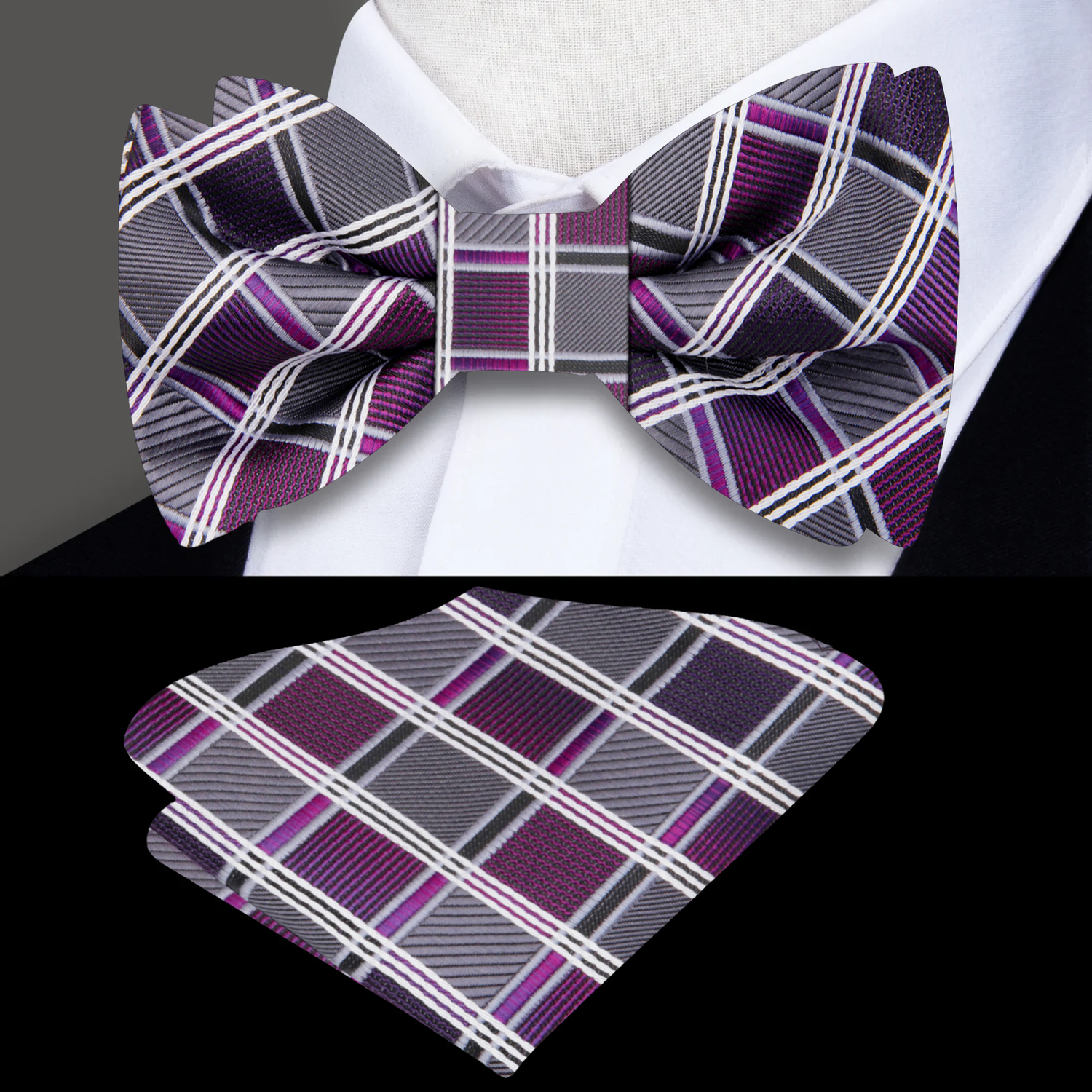 Grey, Purple Geometric Diamonds Bow Tie and Pocket Square||Grey, Purple