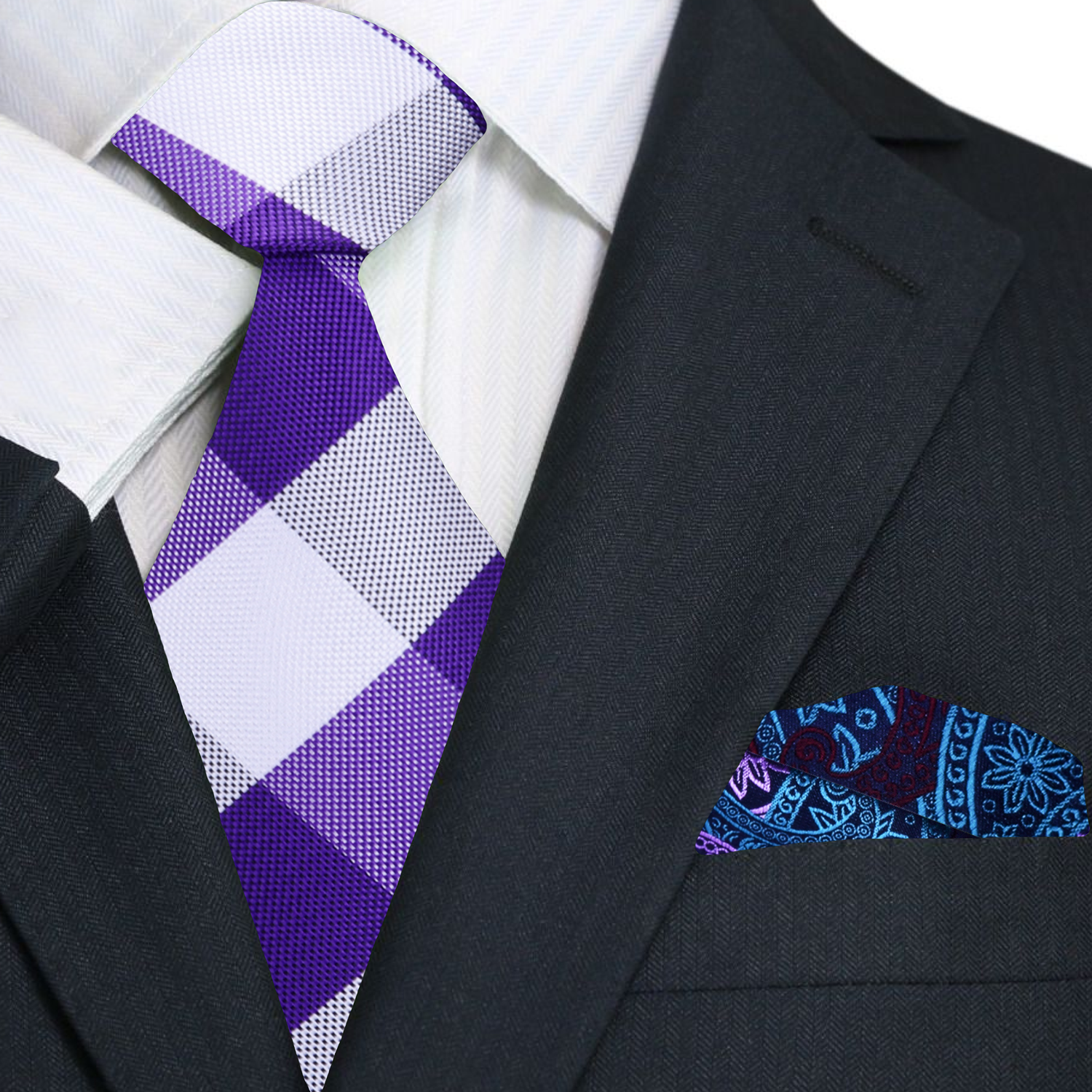 Purple White Plaid Necktie and Accenting Purple Blue Paisley Square