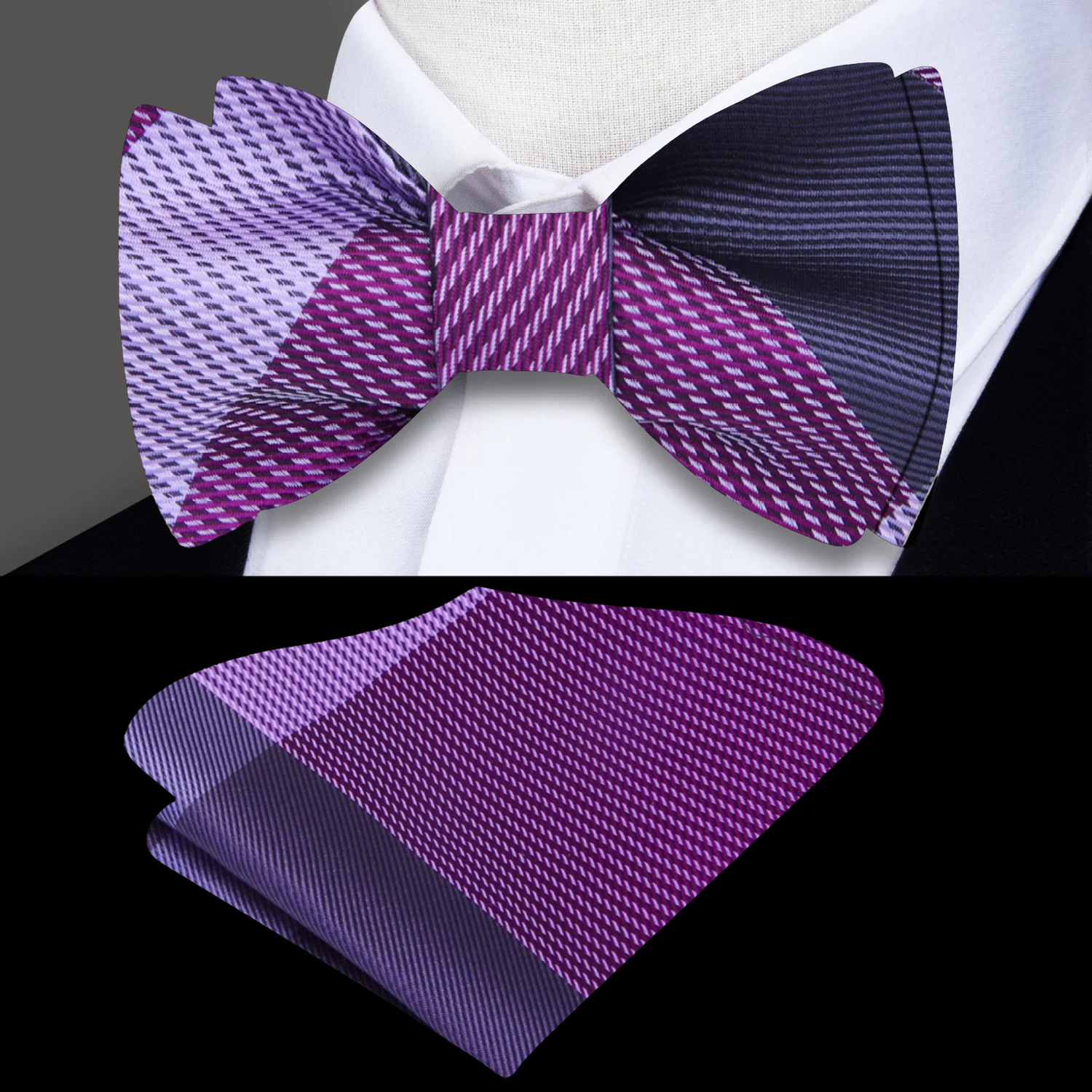Shades of Purple Plaid Bow Tie and Pocket Square