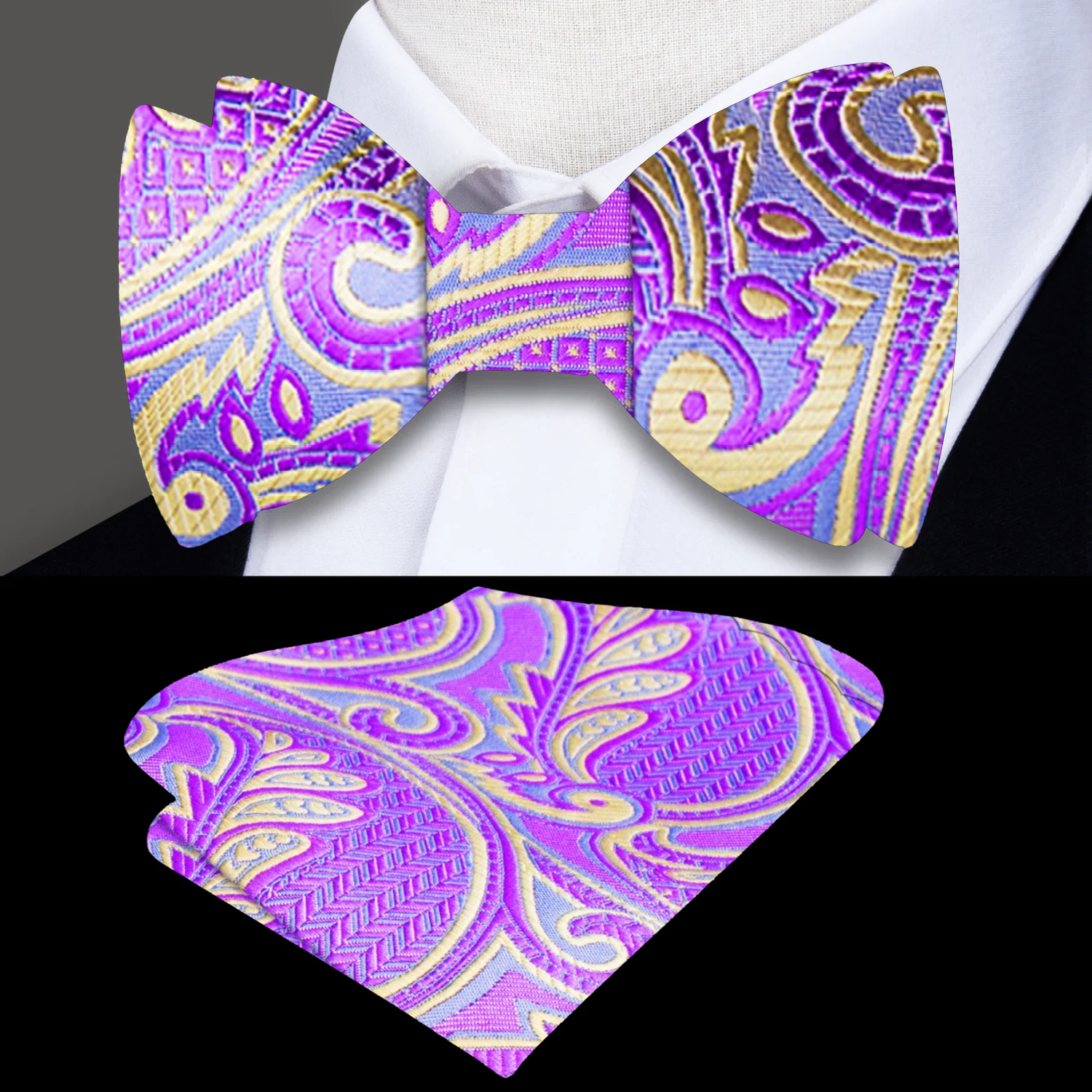 A Light Purple Paisley Pattern Silk Self Tie Bow Tie, Matching Pocket Square