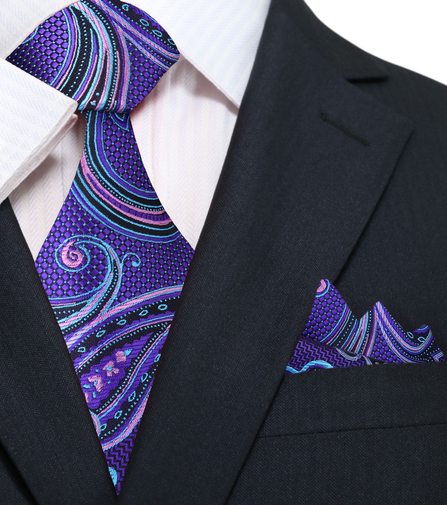 A Purple, Light Blue, Black Color Paisley Pattern Silk Necktie, Matching Pocket Square