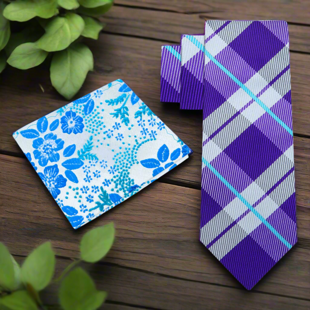 Alt Purple and Light Blue Plaid Necktie and Accenting Floral Square