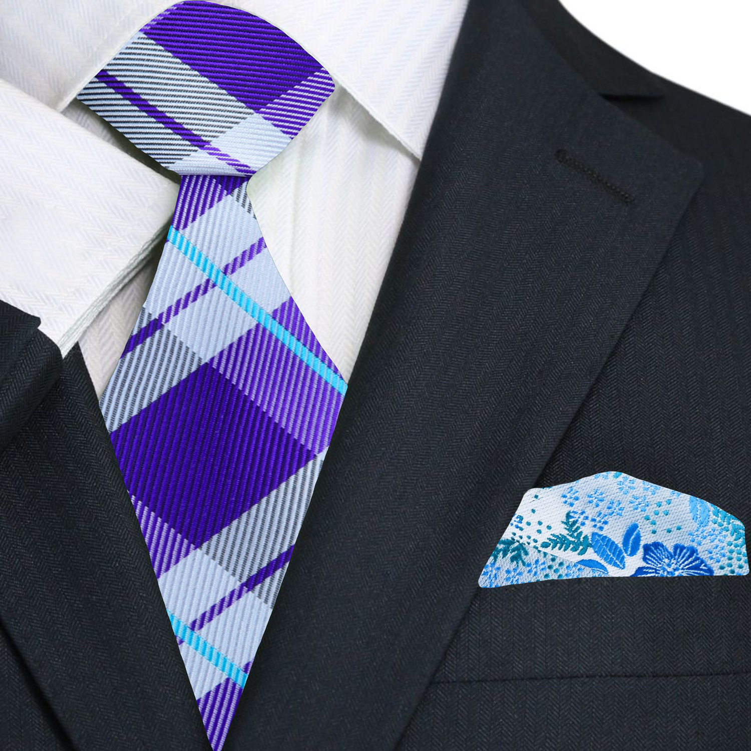 Purple and Light Blue Plaid Necktie and Accenting Floral Square