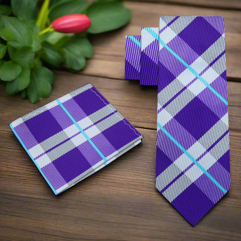 Alt Purple and Light Blue Plaid Necktie and Matching Square