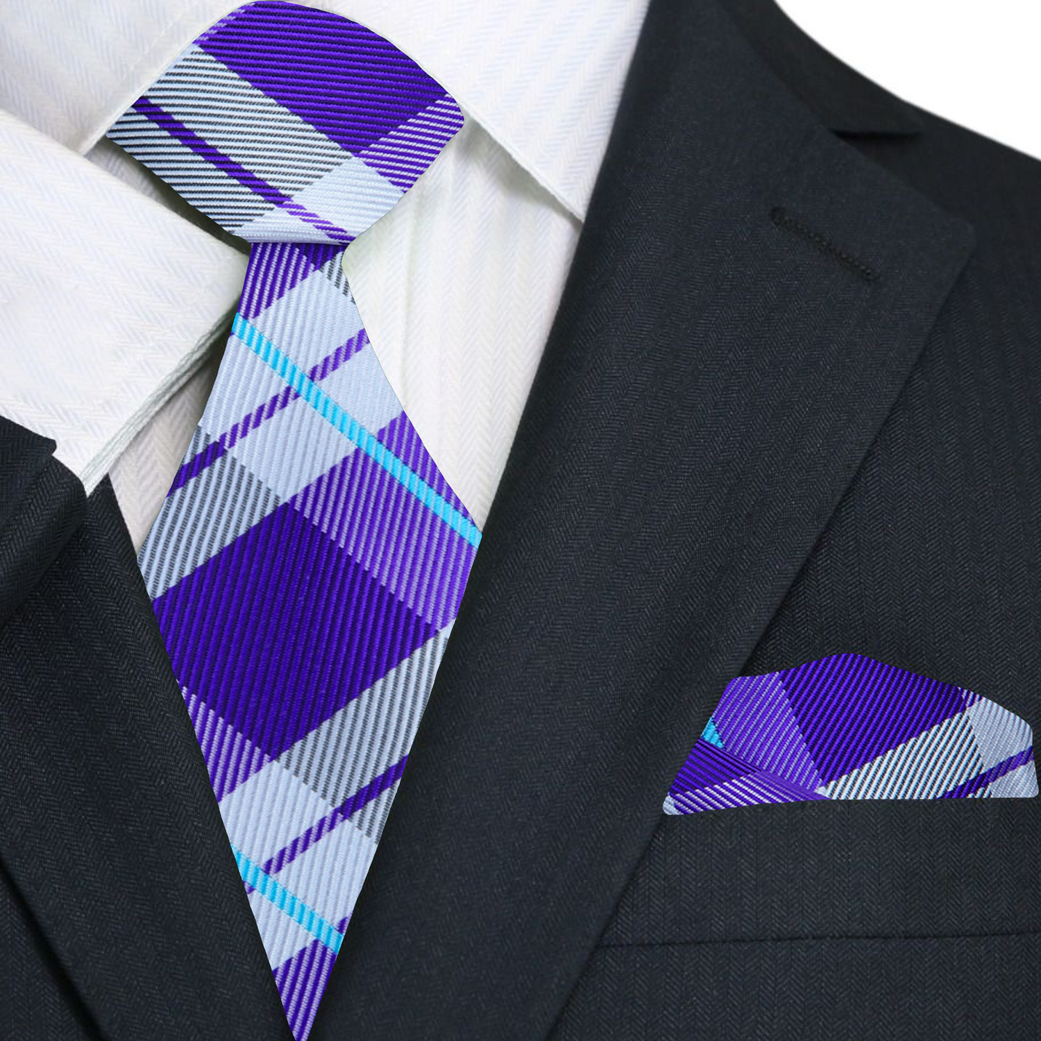 Purple and Light Blue Plaid Necktie and Matching Square