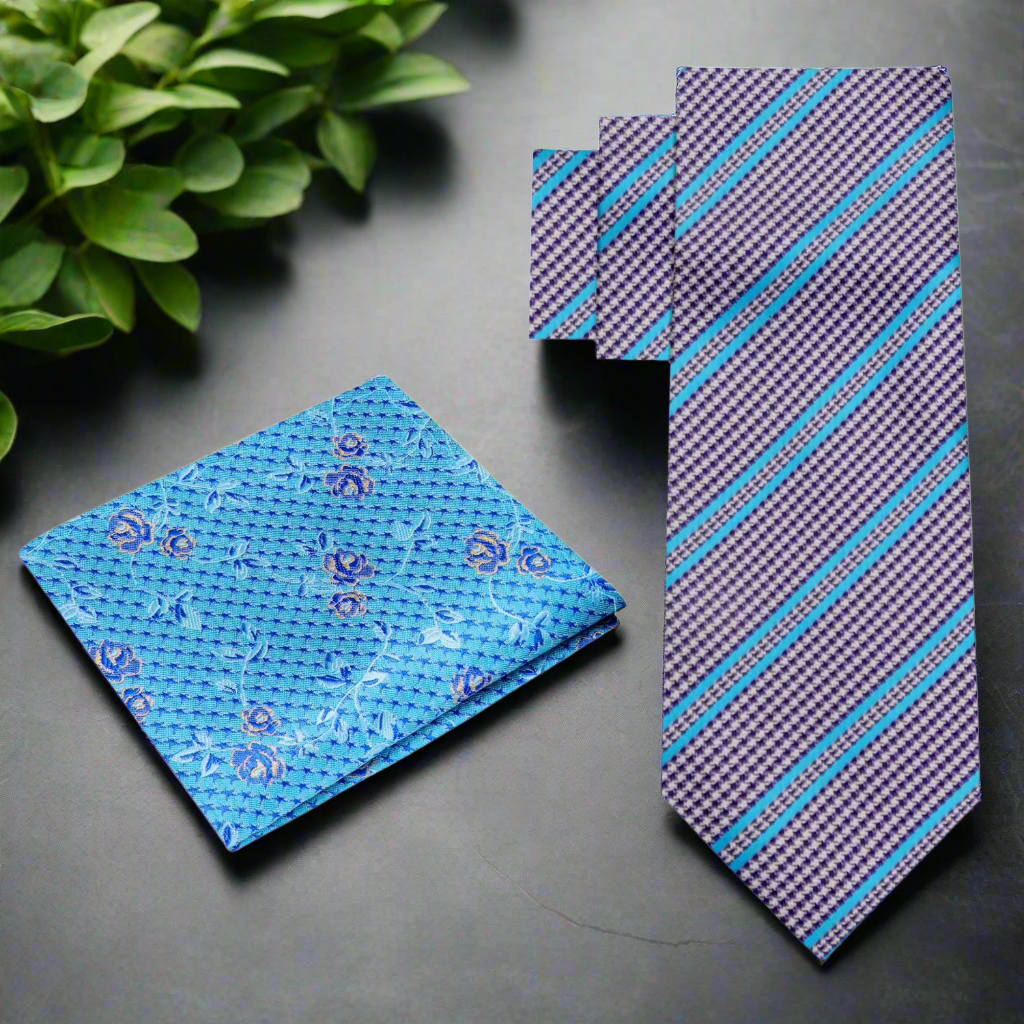 Alt Purple Light Blue Stripe Hounds Necktie and Accenting Square