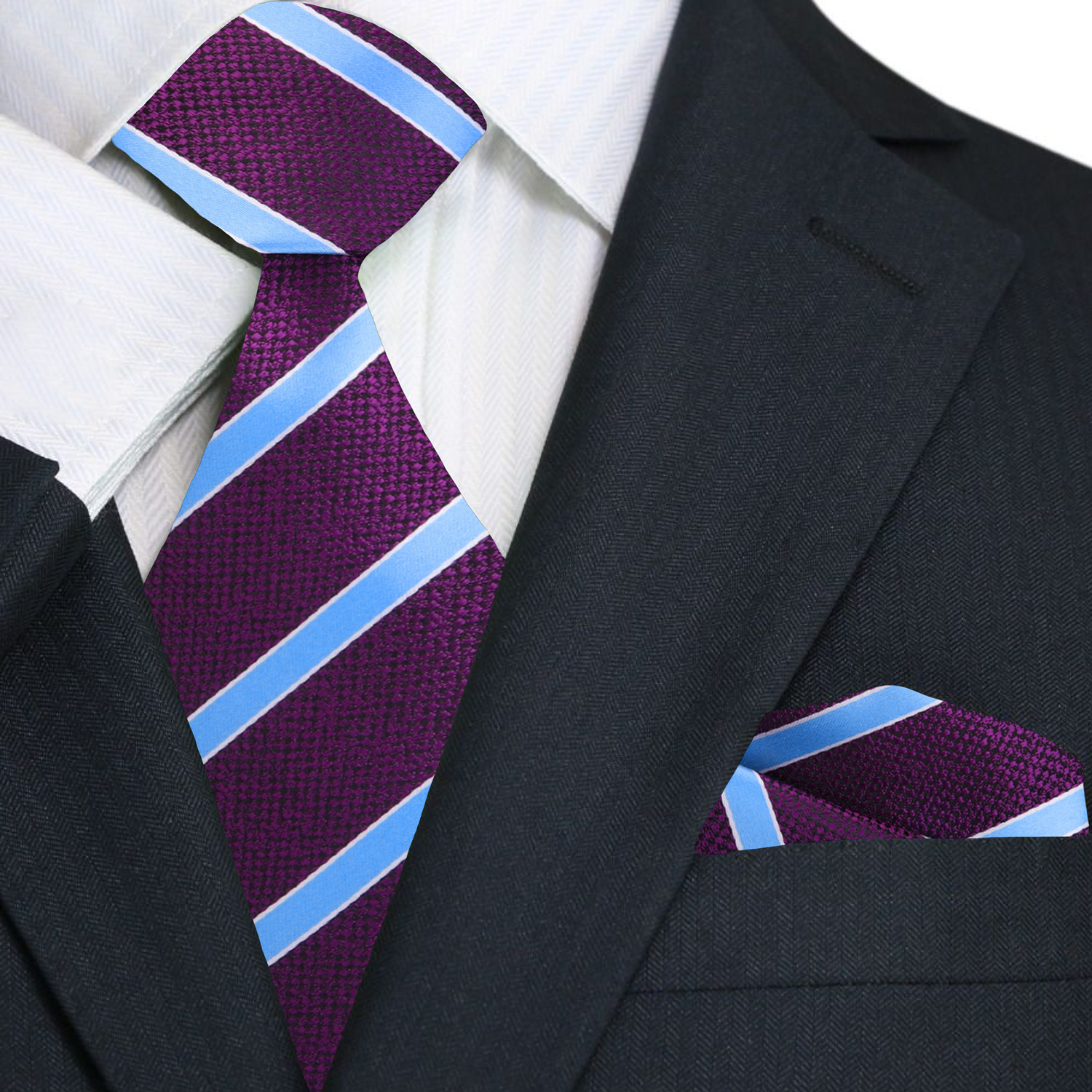 Premium Purple, Light Blue Stripe Tie and Pocket Square