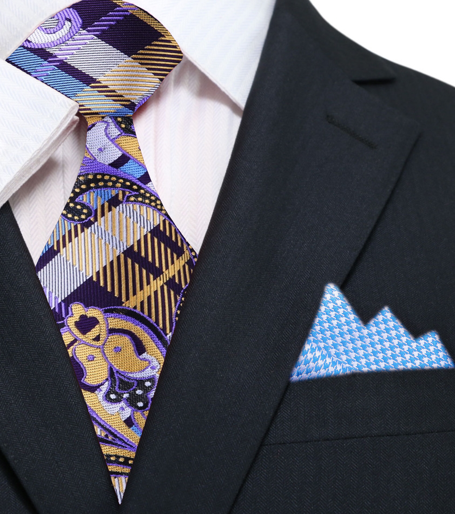 A Purple, Yellow, Light Blue Plaid and Paisley Pattern Silk Necktie, With Accenting Pocket Square