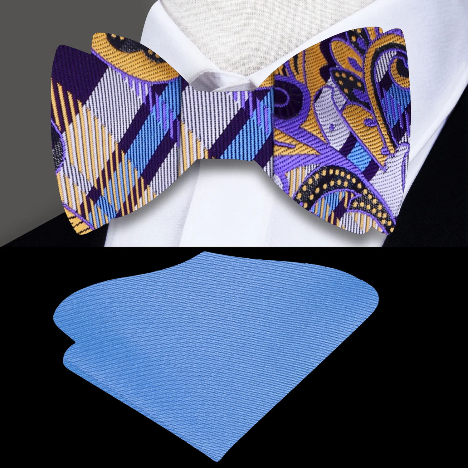Purple Light Gold Light Blue Epiphany Paisley Bow Tie and Light Square