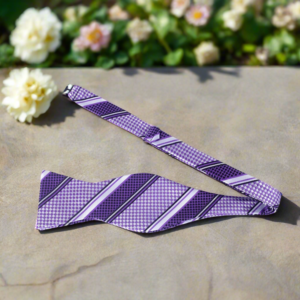 Self Tie Light Purple, Light Grey Check Bow Tie