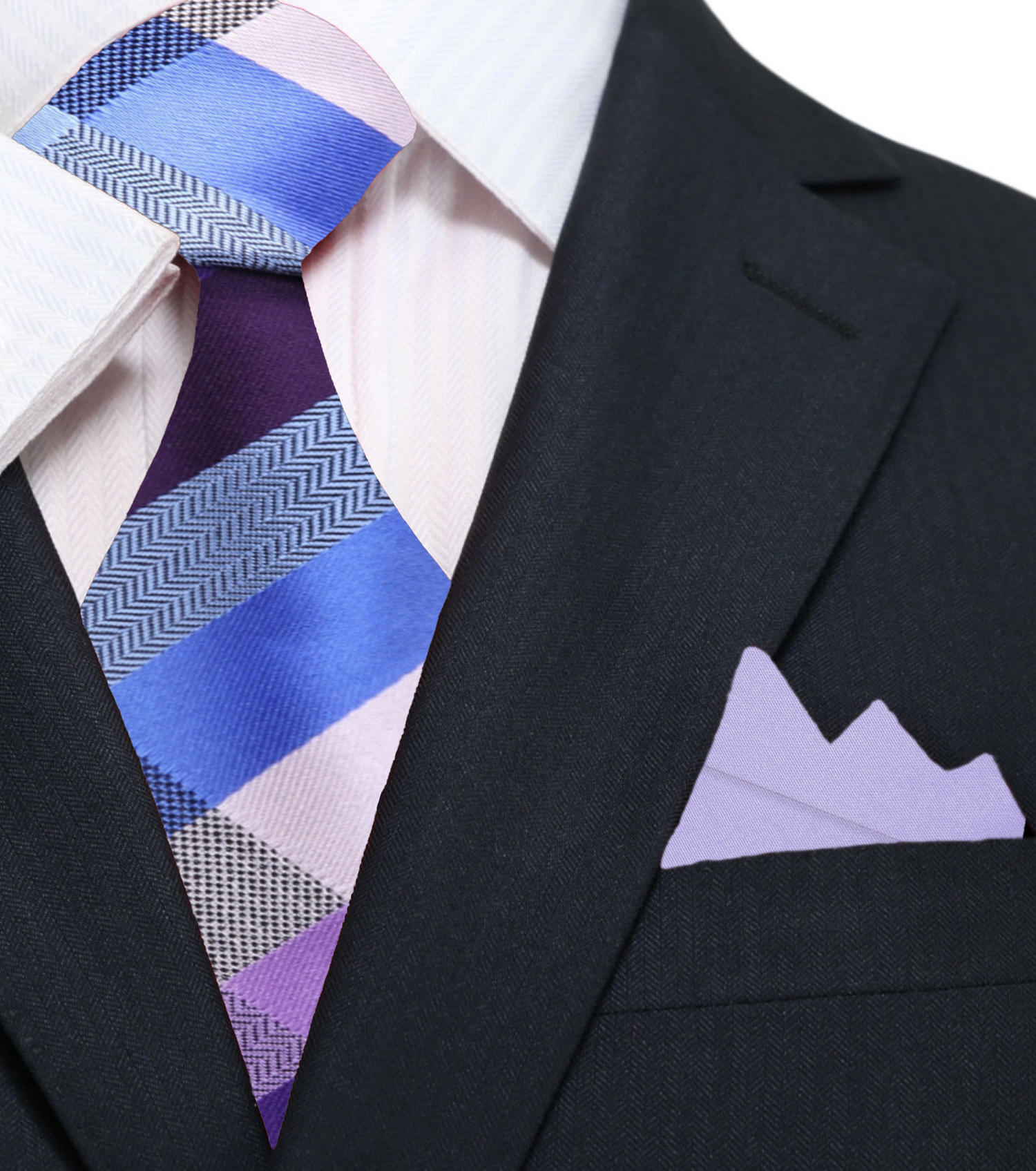 A Light Blue, Light Purple, White Color Checker Pattern Silk Necktie, Light Purple Pocket Square