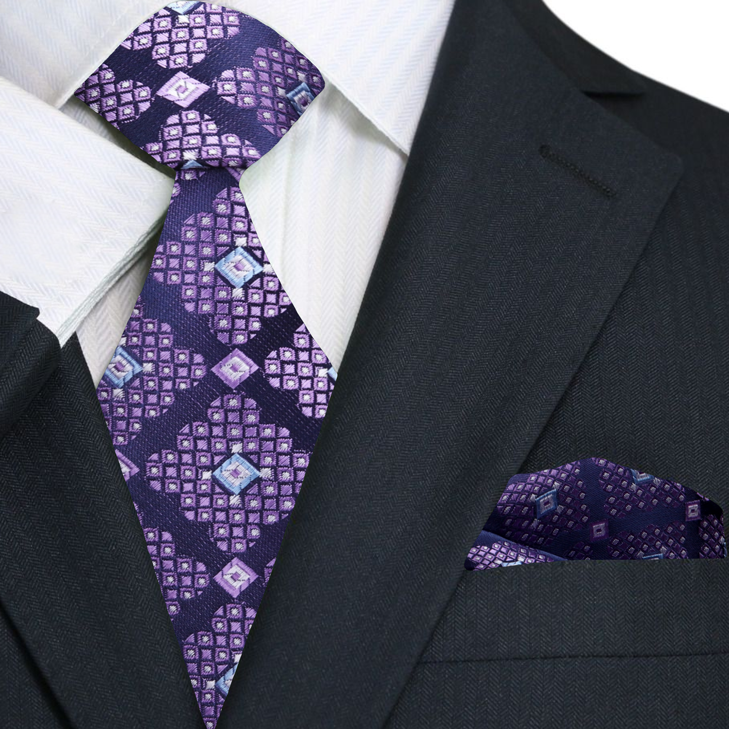 A Purple, Light Purple, Light Blue Abstract Geometric Diamond Pattern Pattern Necktie, Matching Pocket Square