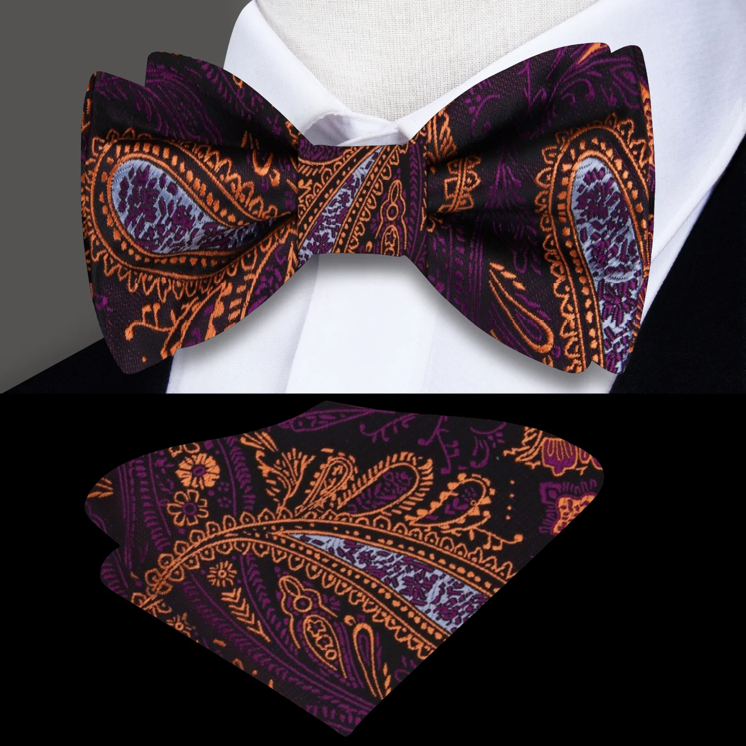 Purple and Orange Paisley Bow Tie and Matching Square