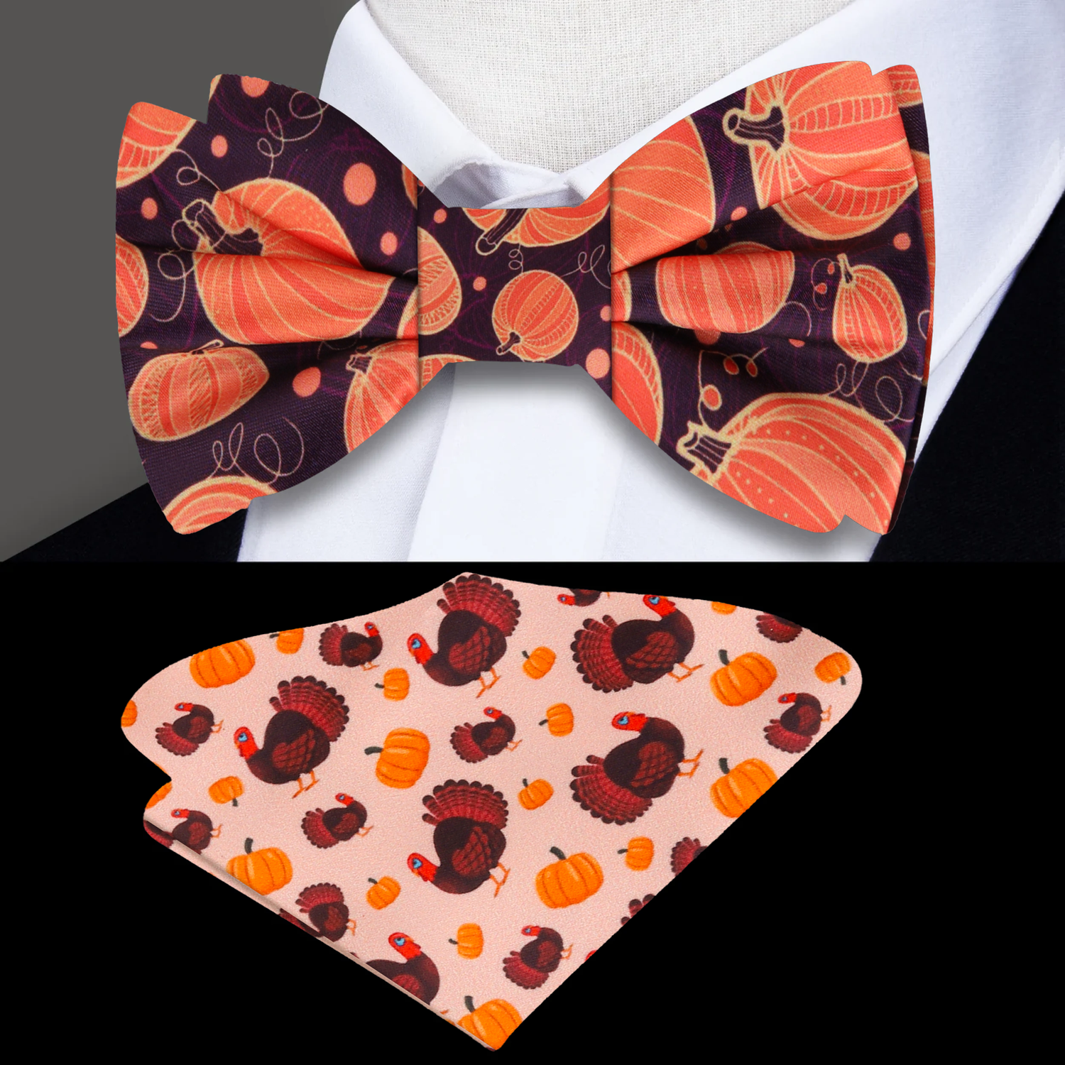 Brown and Orange Pumpkin Patch Bow tie and Accenting Pocket Square