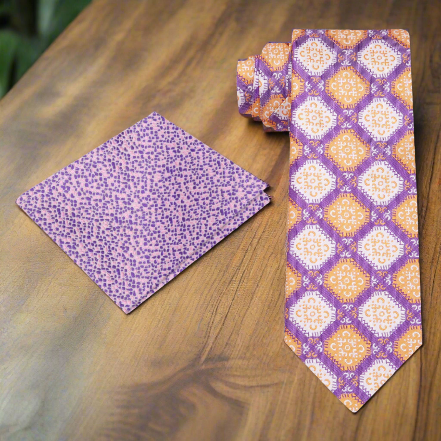 Alt View: An Orange, Purple, Cream Color Abstract Geometric Diamond Shape Silk Tie and Accenting Pocket Square