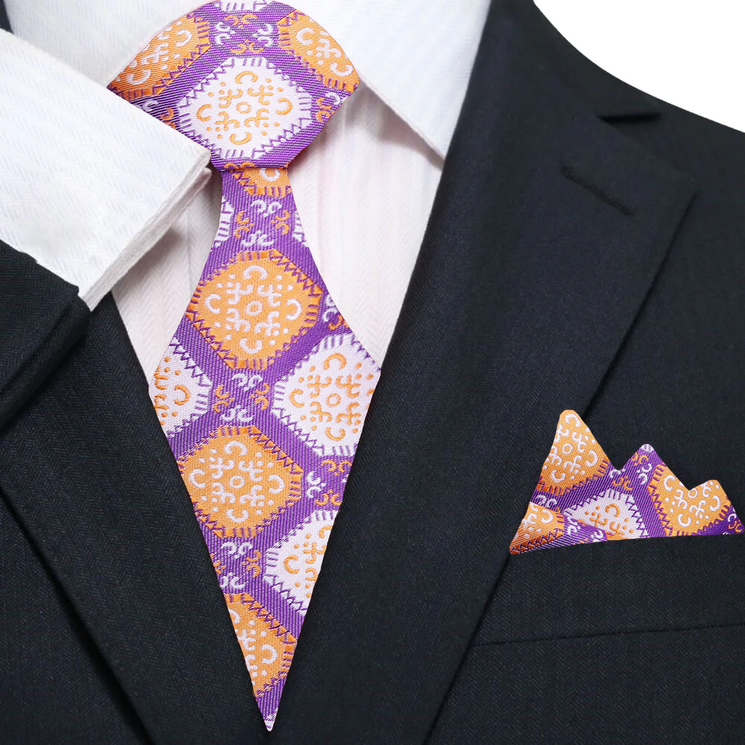 Primary An Orange, Purple, Cream Color Abstract Geometric Diamond Shape Silk Tie and Pocket Square