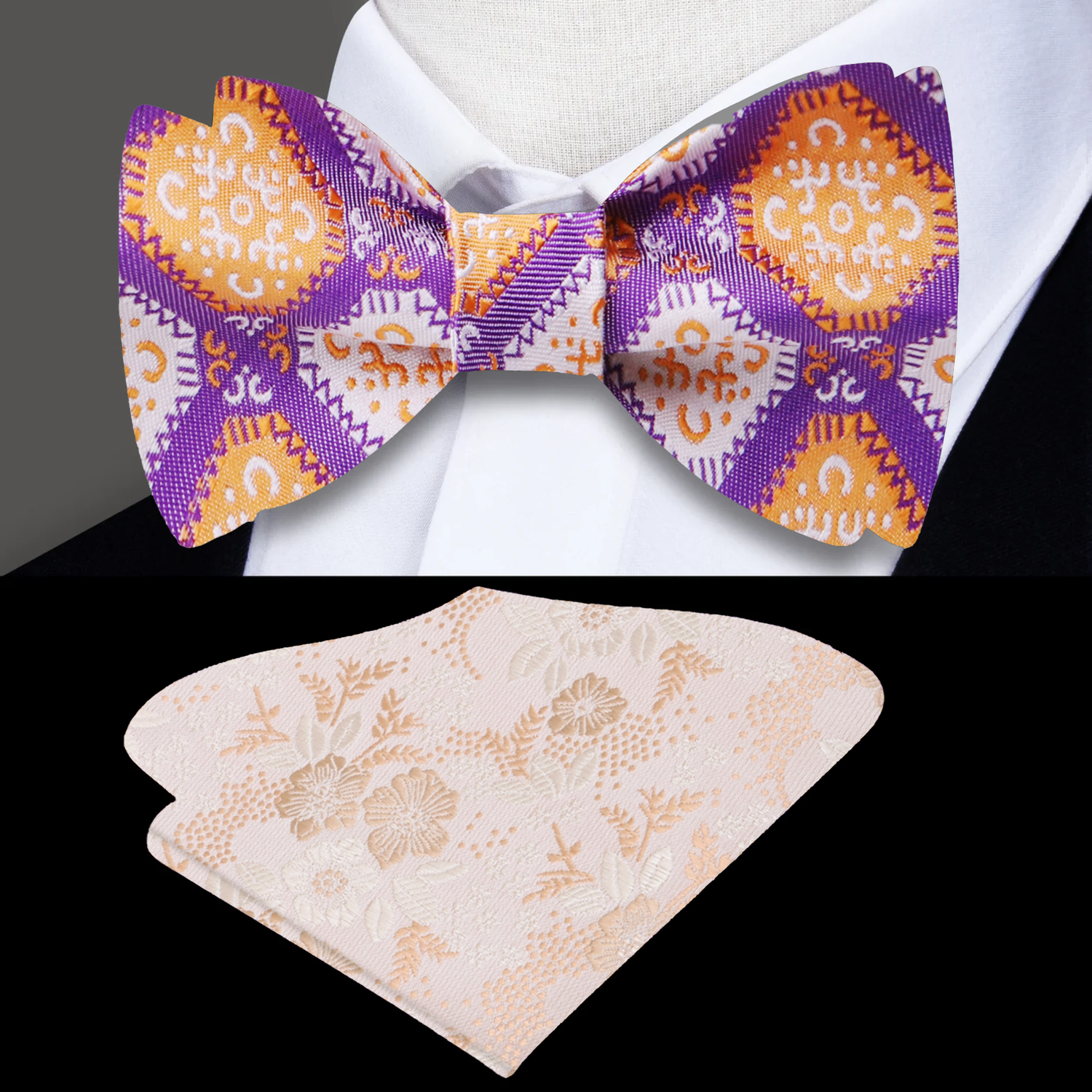 Purple and Orange Geometric Bow Tie and Accenting Pocket Square