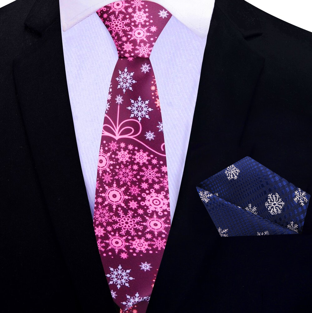 thin Pink, Purple Snowflakes Necktie & Accenting Square