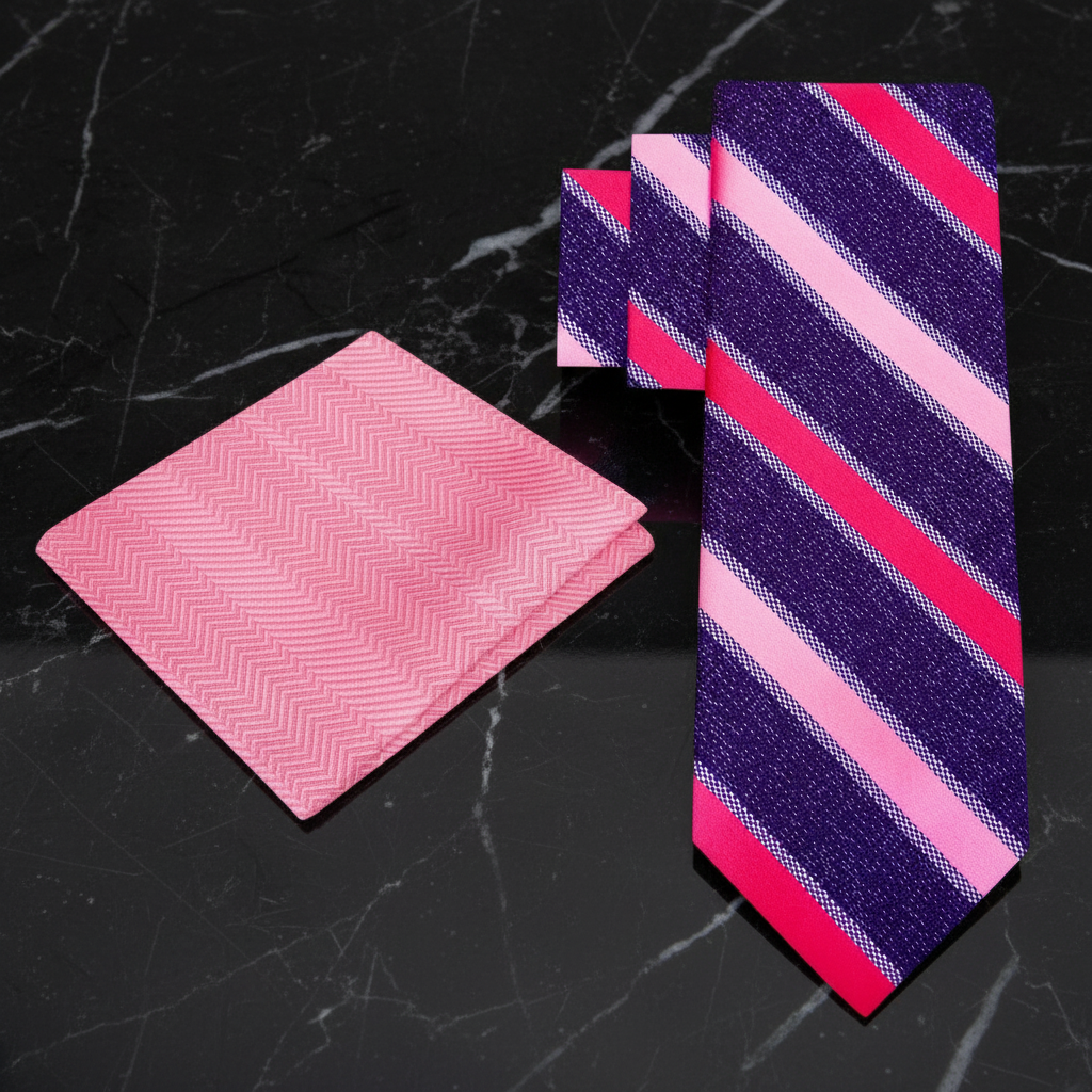 Pink and purple striped tie with pink pocket square 