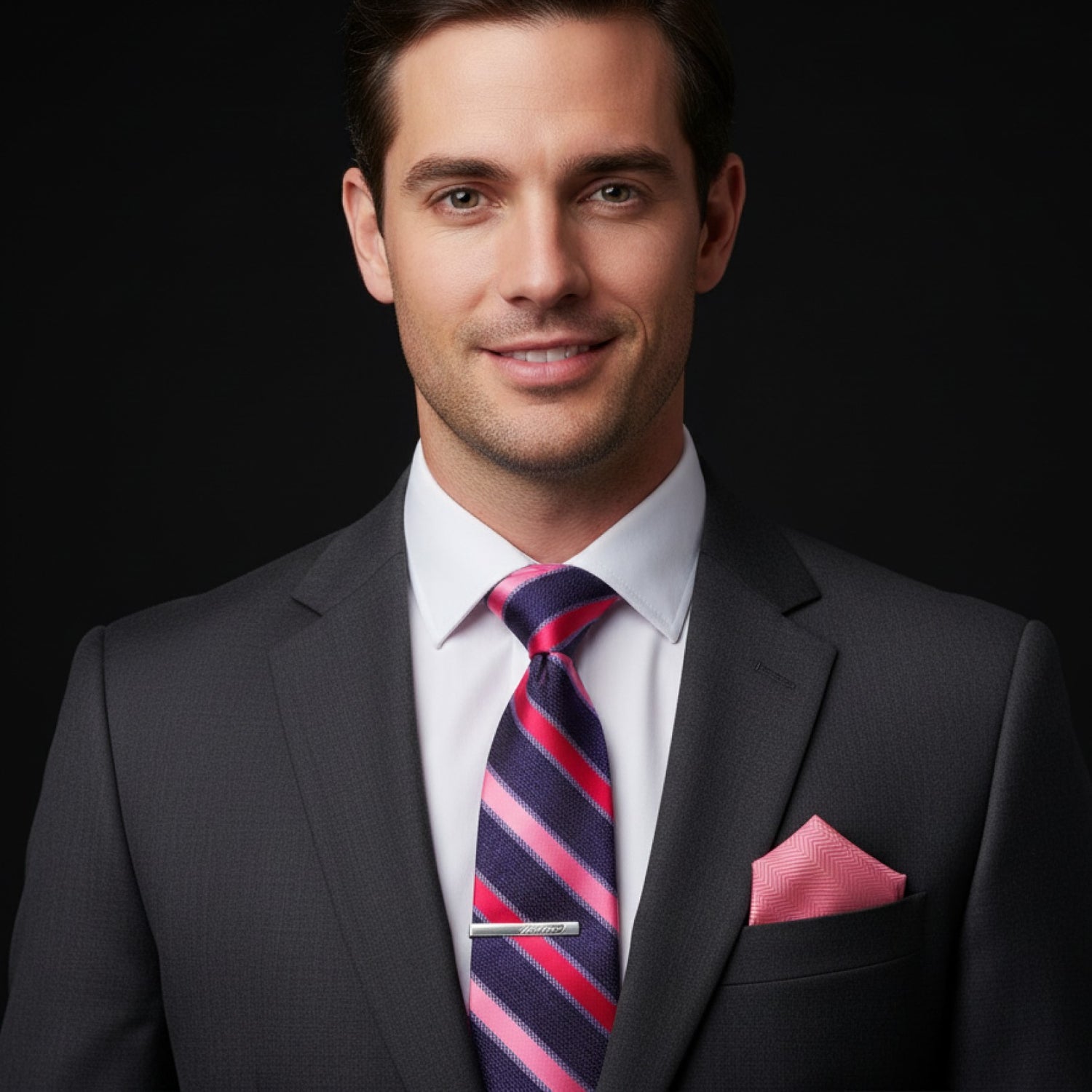 Man wearing a gray suit with a striped tie and pink pocket square on a black background