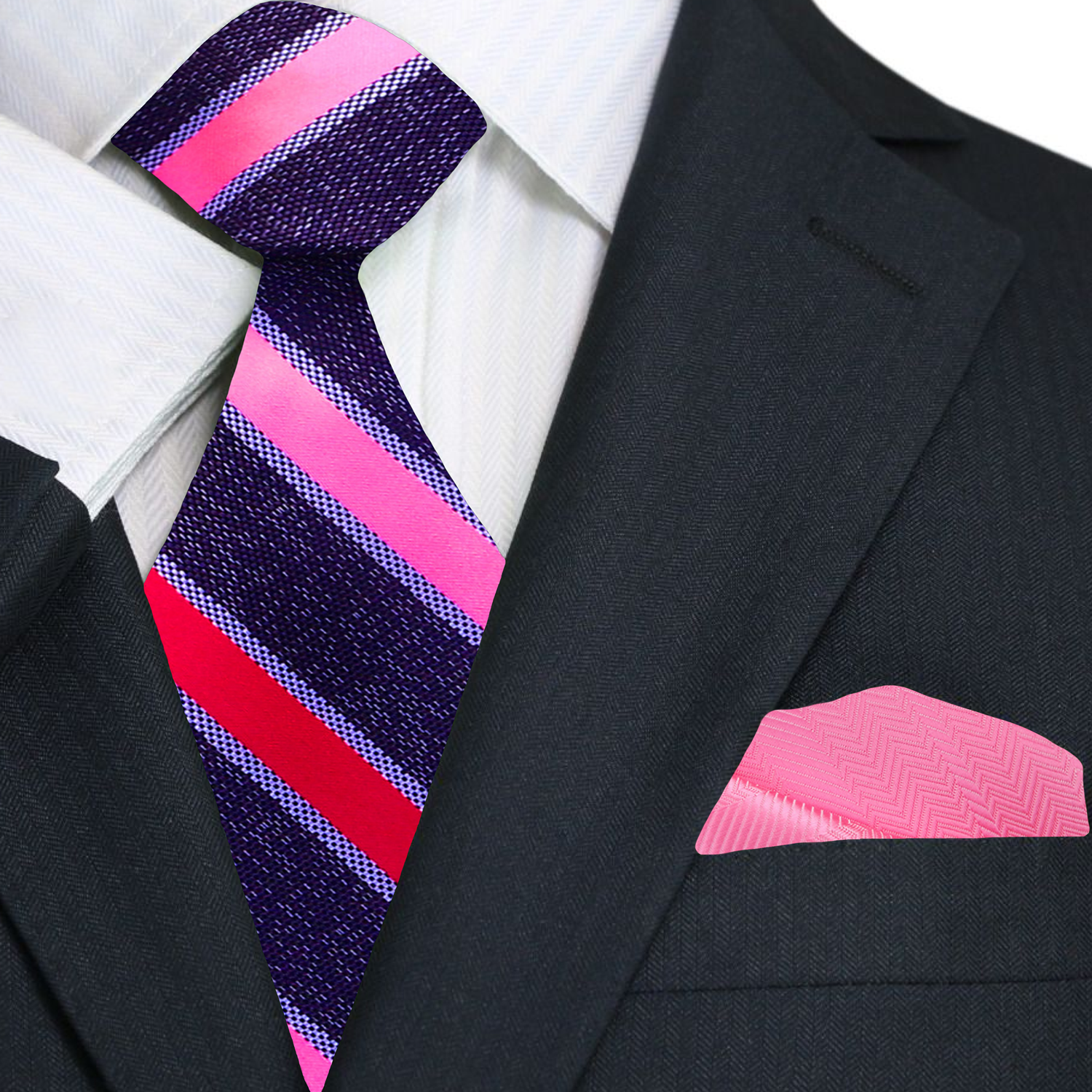 Black suit with a pink and purple striped tie and rich pink pocket square.