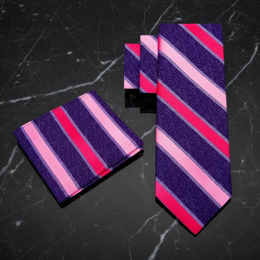 Striped tie and pocket square set with pink and purple colors 
