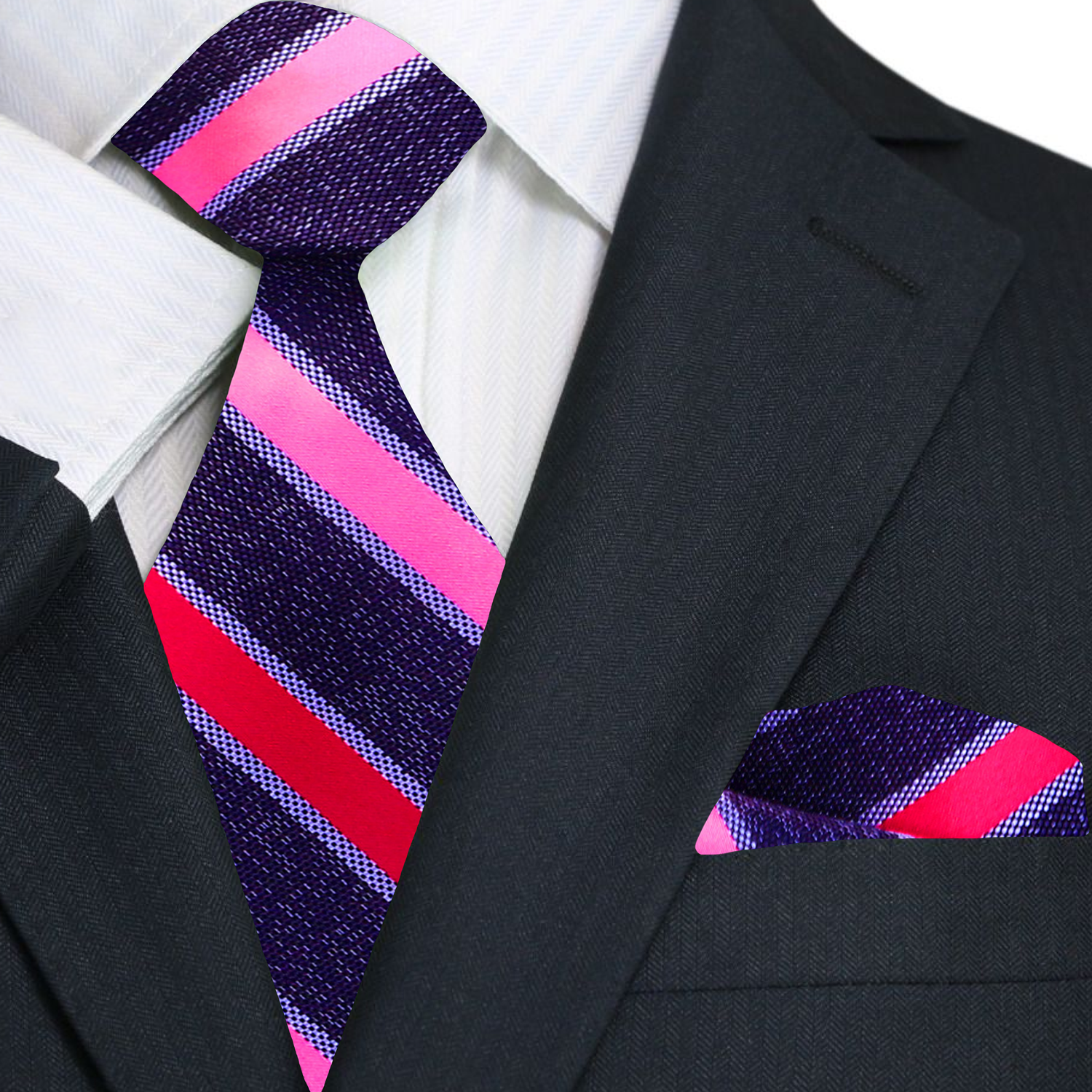 Black suit with a striped purple and pink tie and matching pocket square.