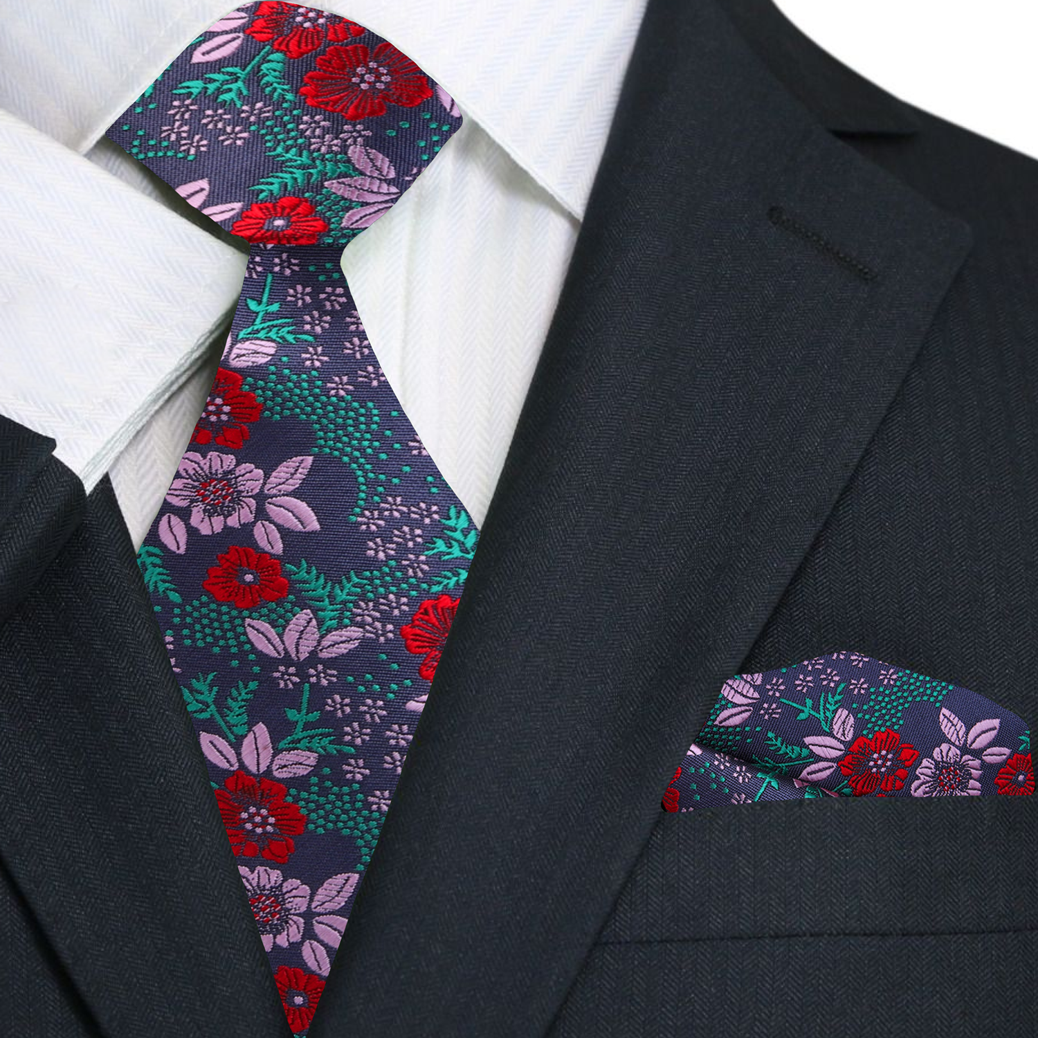 Red, Green, Pink Floral Tie and Pocket Square