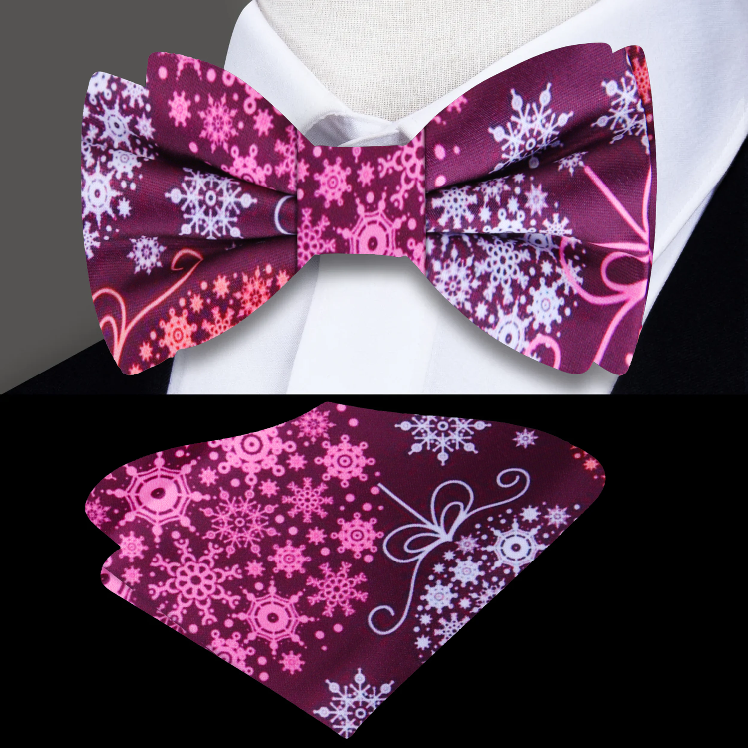 Plum, Pink, White Large Christmas Ornaments Bow Tie and Pocket Square