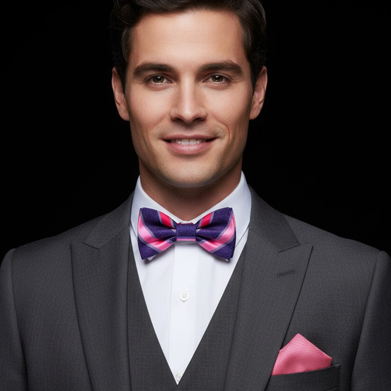 Stripe purple and pink bow tie and pink pocket square on man
