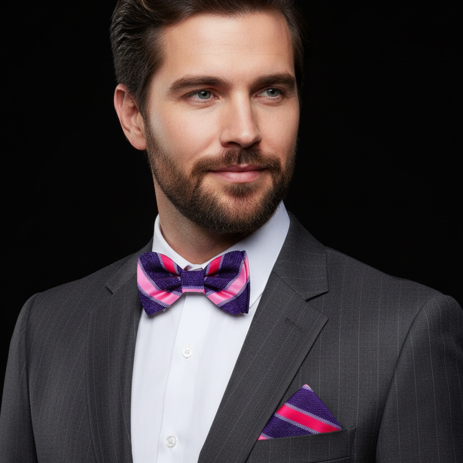 Man wearing a gray suit with a colorful bow tie and pocket square on a black background
