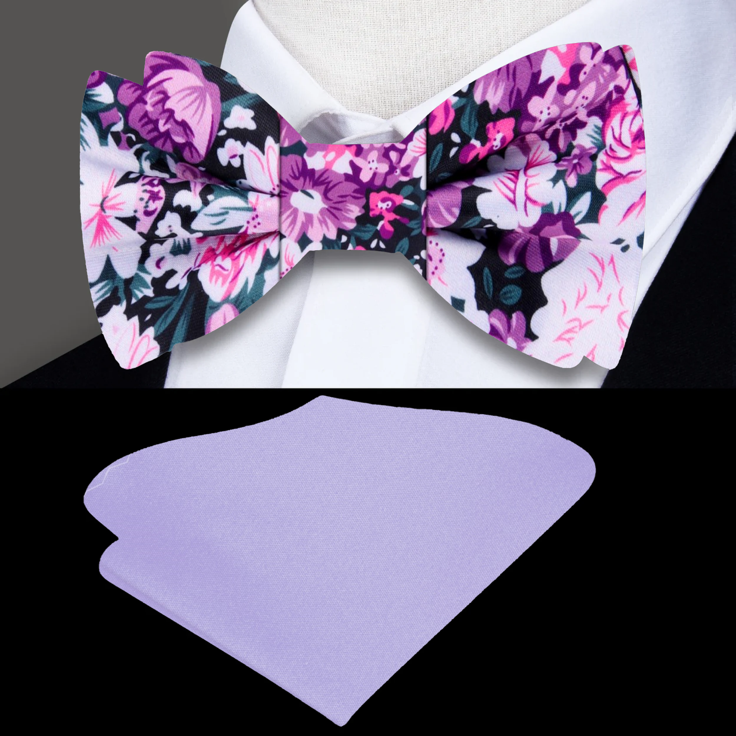 Purple, Pink, White Flowers Bow Tie and Light Purple Pocket Square