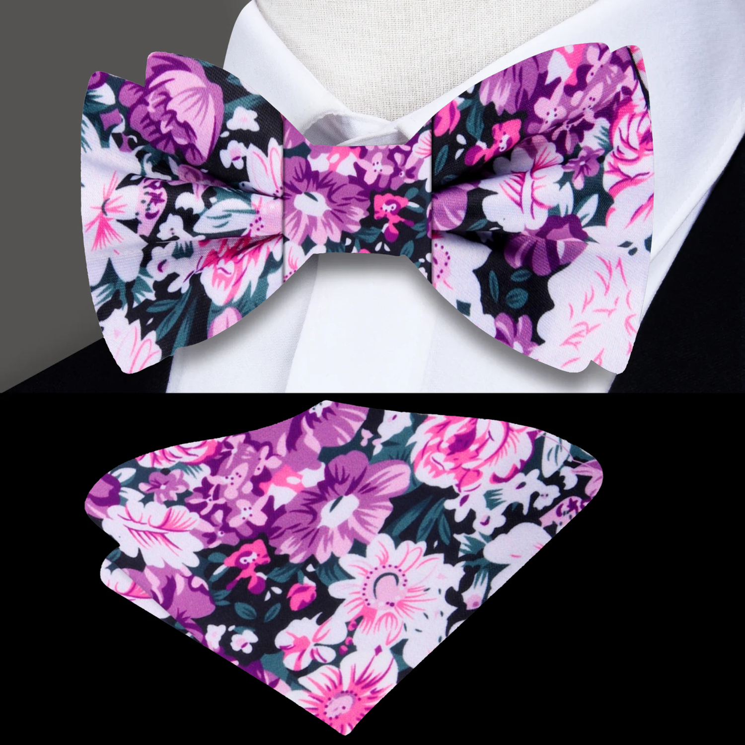 Purple, Pink, White Flowers Bow Tie and Matching Pocket Square