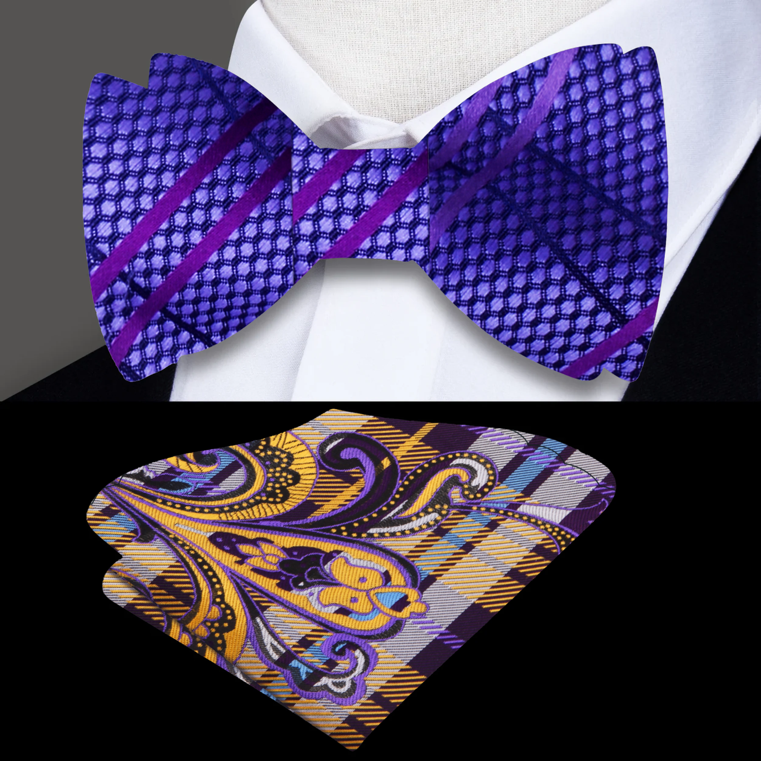 Purple Plaid Bow Tie and Accenting Pocket Square||Purple