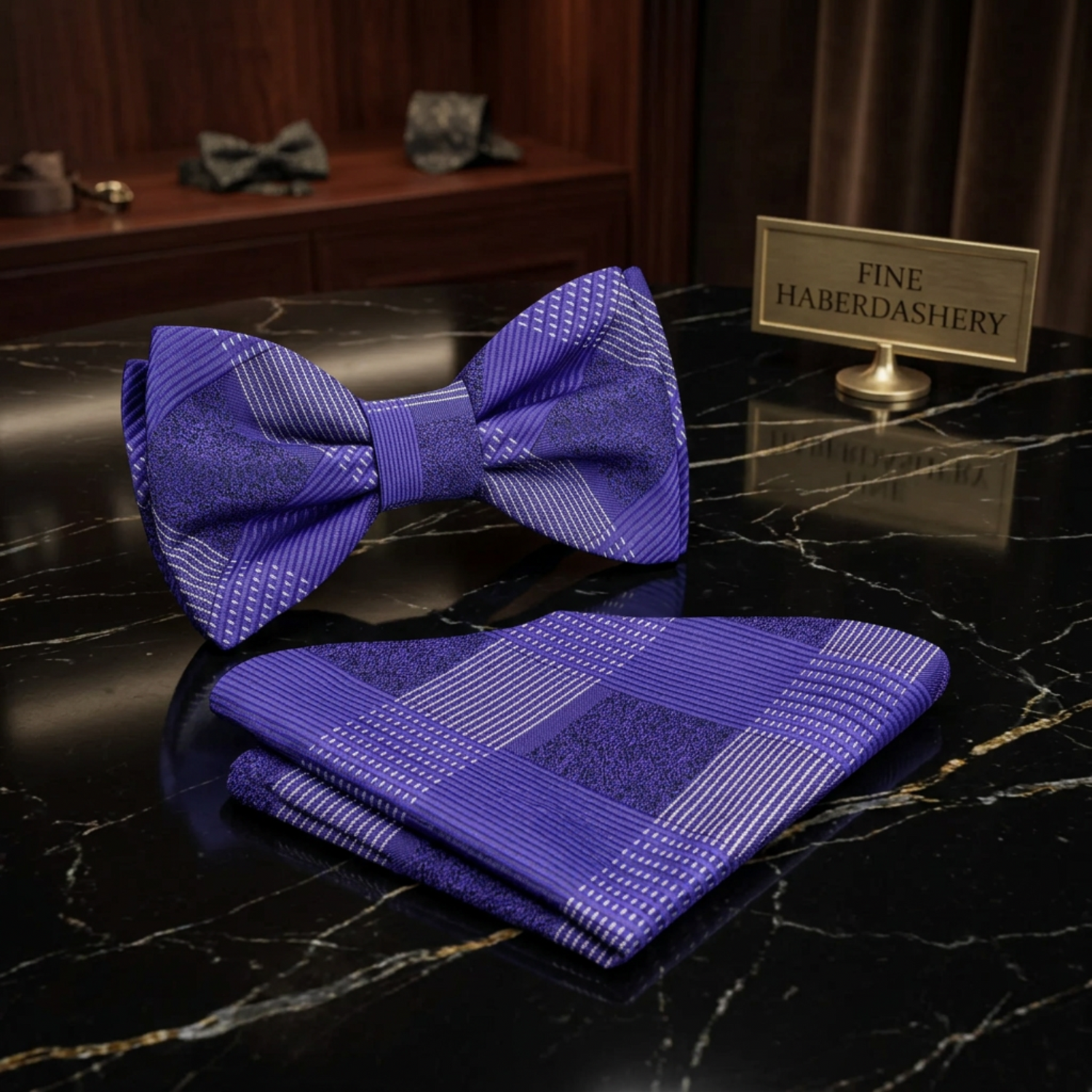purple plaid bow tie and square