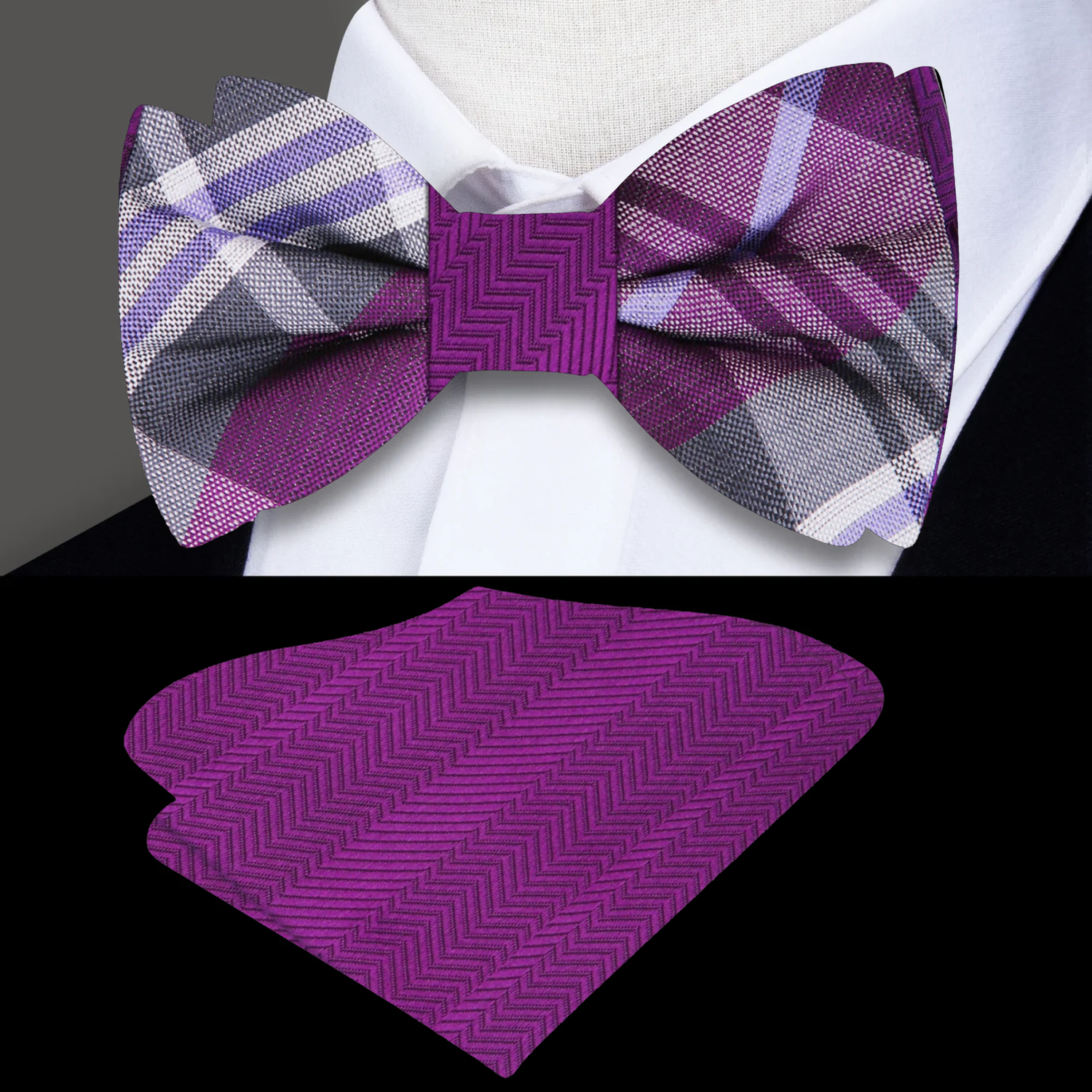 Main View: Purple, Grey Plaid Bow Tie and Solid Pocket Square