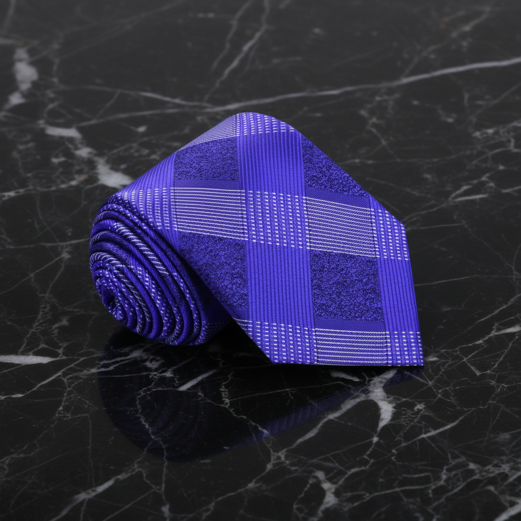 purple plaid tie on a black marble background