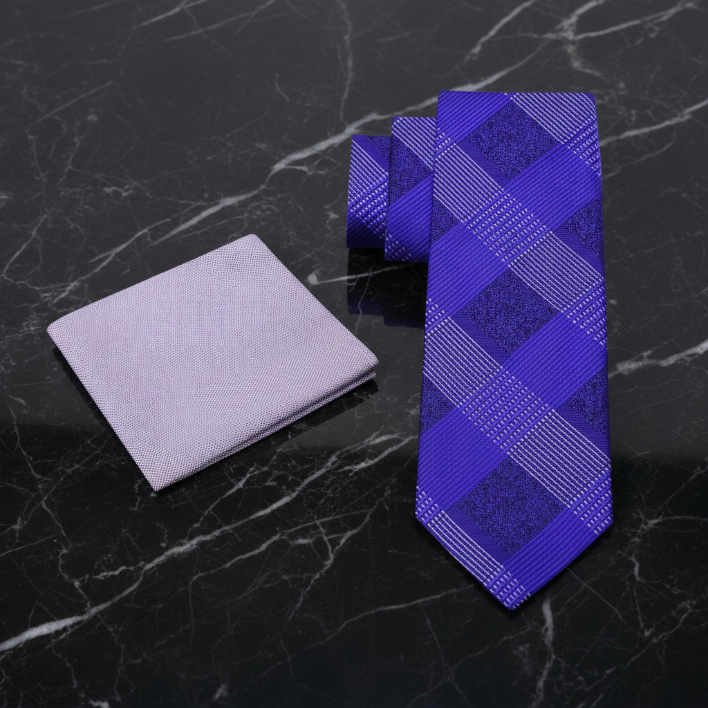 purple plaid tie and grey pocket square on a black marble surface