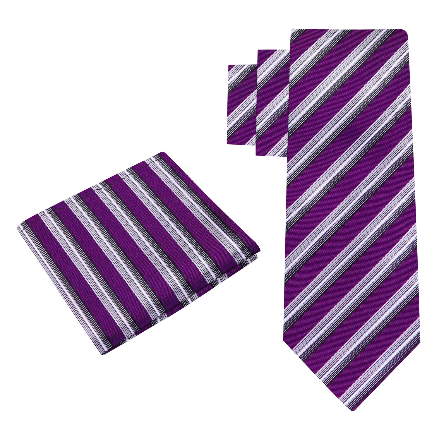 Alt View: Purple, Grey Stripe Tie and Pocket Square