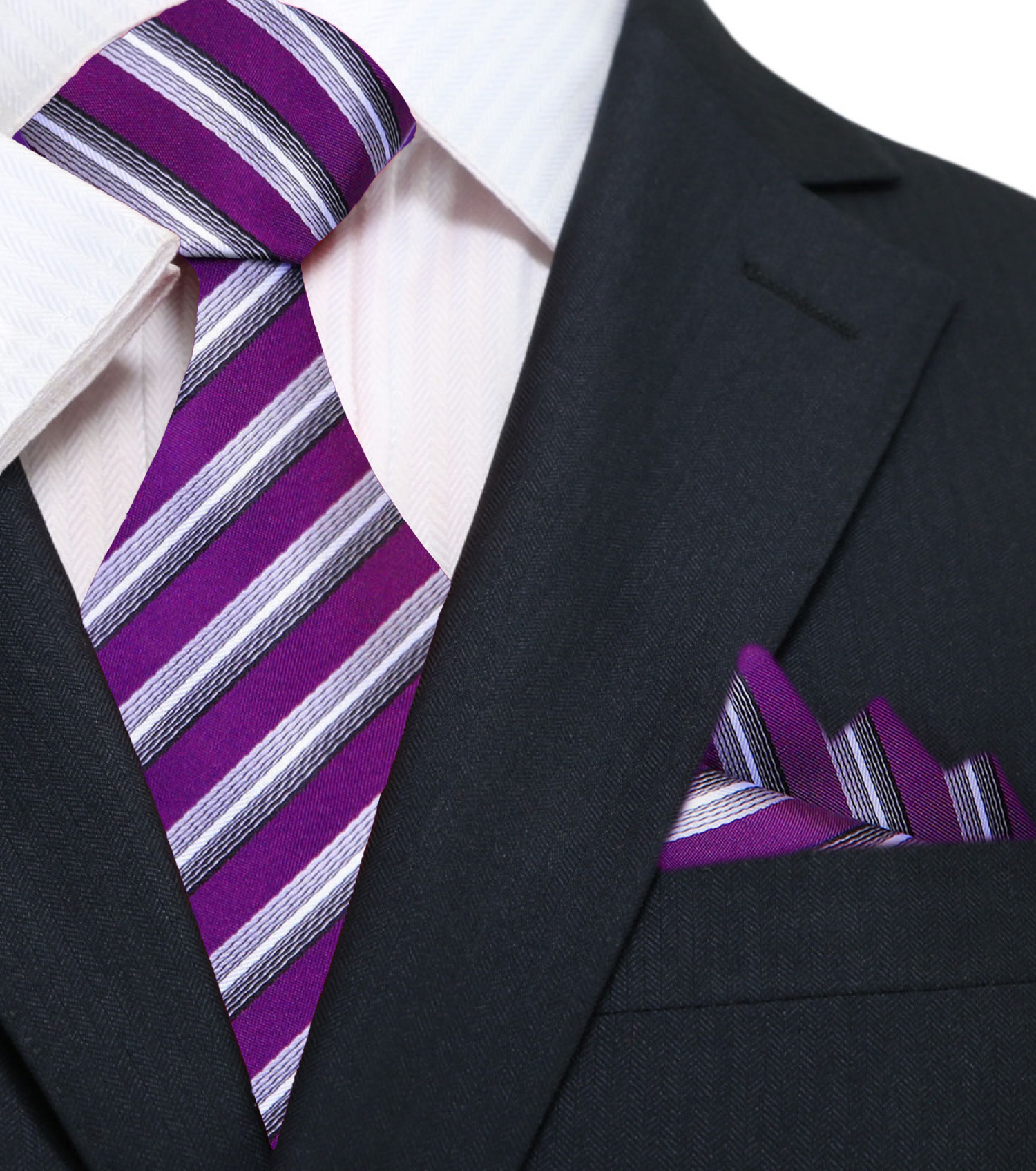 Purple, Grey Stripe Tie and Pocket Square