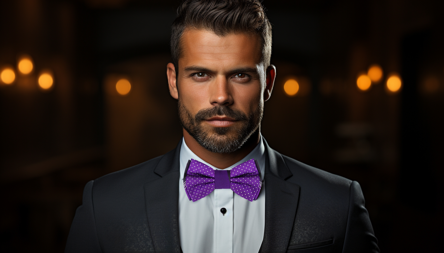 Purple Bow Tie on Man Wearing Suit View 2
