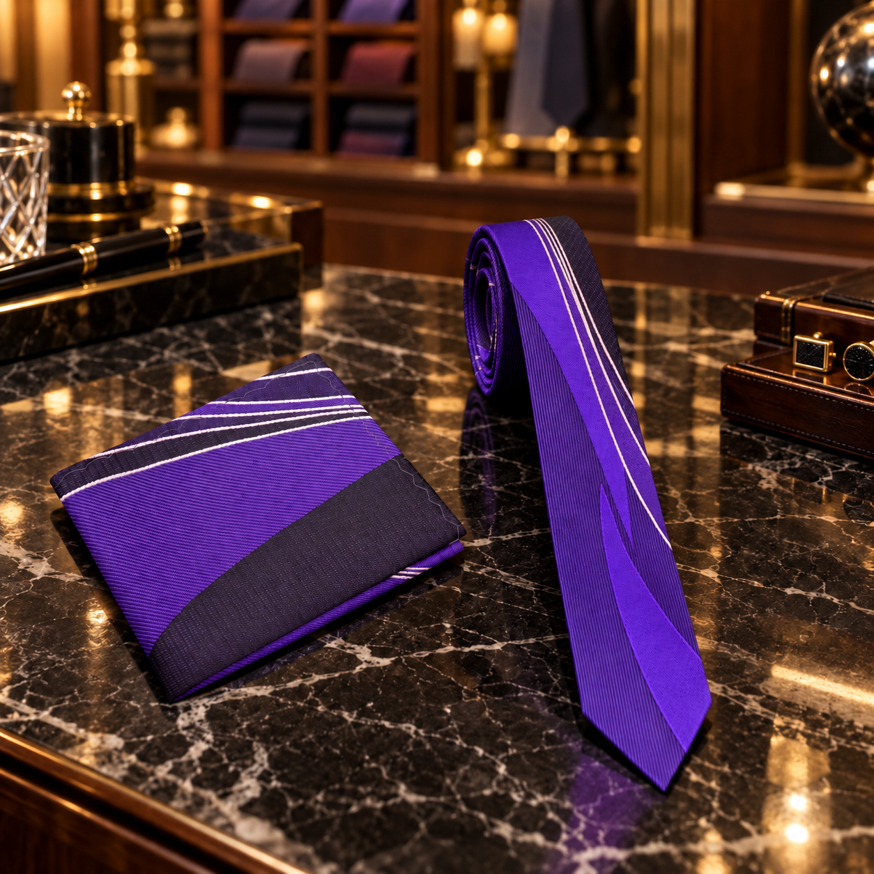 A purple and black silk necktie and matching pocket square set with thin white stripe accents, displayed on a polished black marble counter in a luxury retail setting.