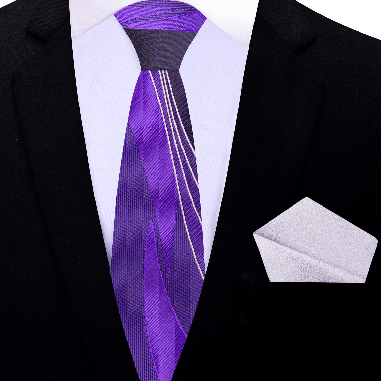 Thin Tie: Shades of Purple Abstract Lines Tie and Shimmer Silver Square