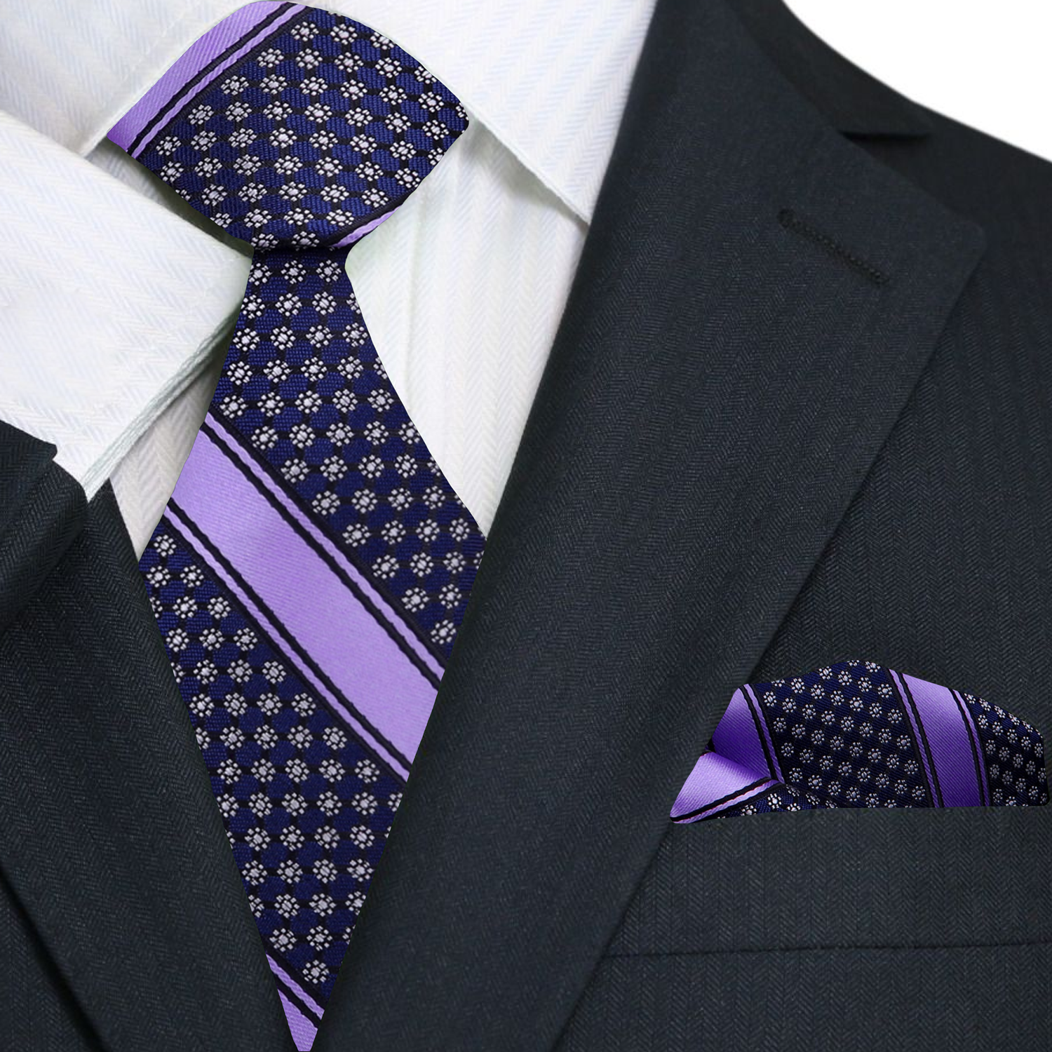 Deep Purple, Purple Yellow Stripe with Flowers Tie and Pocket Square