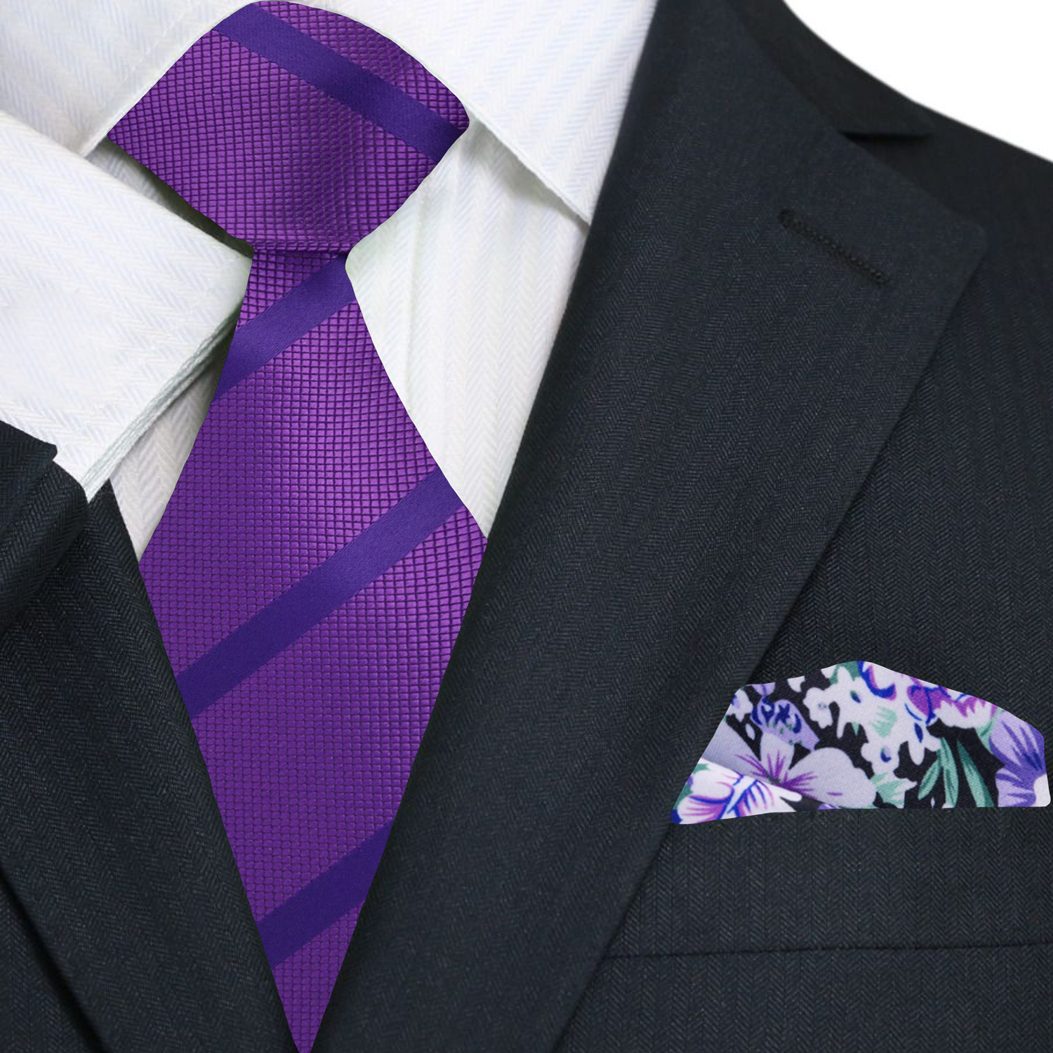 Premium Violet Purple Stripe Silk Necktie and Accenting White and Purple Floral Pocket Square 